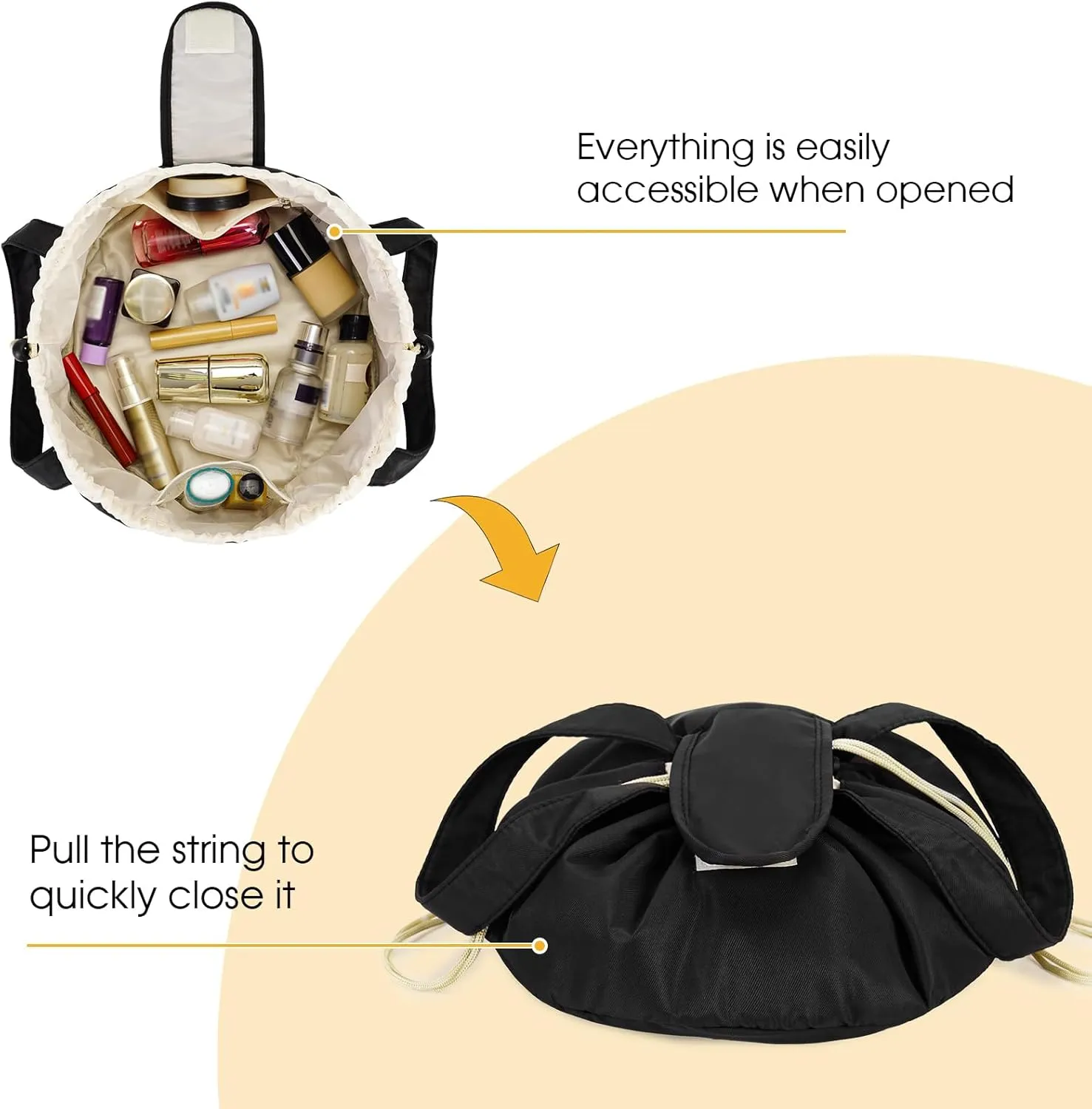 Narwey Barrel Drawstring Makeup Bag Large Cosmetic Bag Make up Bags Women and Girls Toiletry Organizer for Travel Toiletries Accessories Essentials (Black) (Patent)
