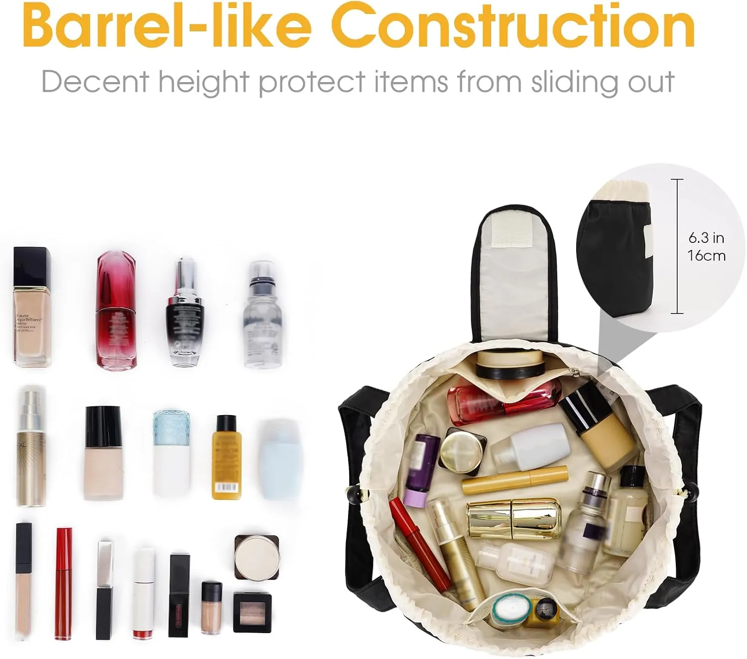Narwey Barrel Drawstring Makeup Bag Large Cosmetic Bag Make up Bags Women and Girls Toiletry Organizer for Travel Toiletries Accessories Essentials (Black) (Patent)