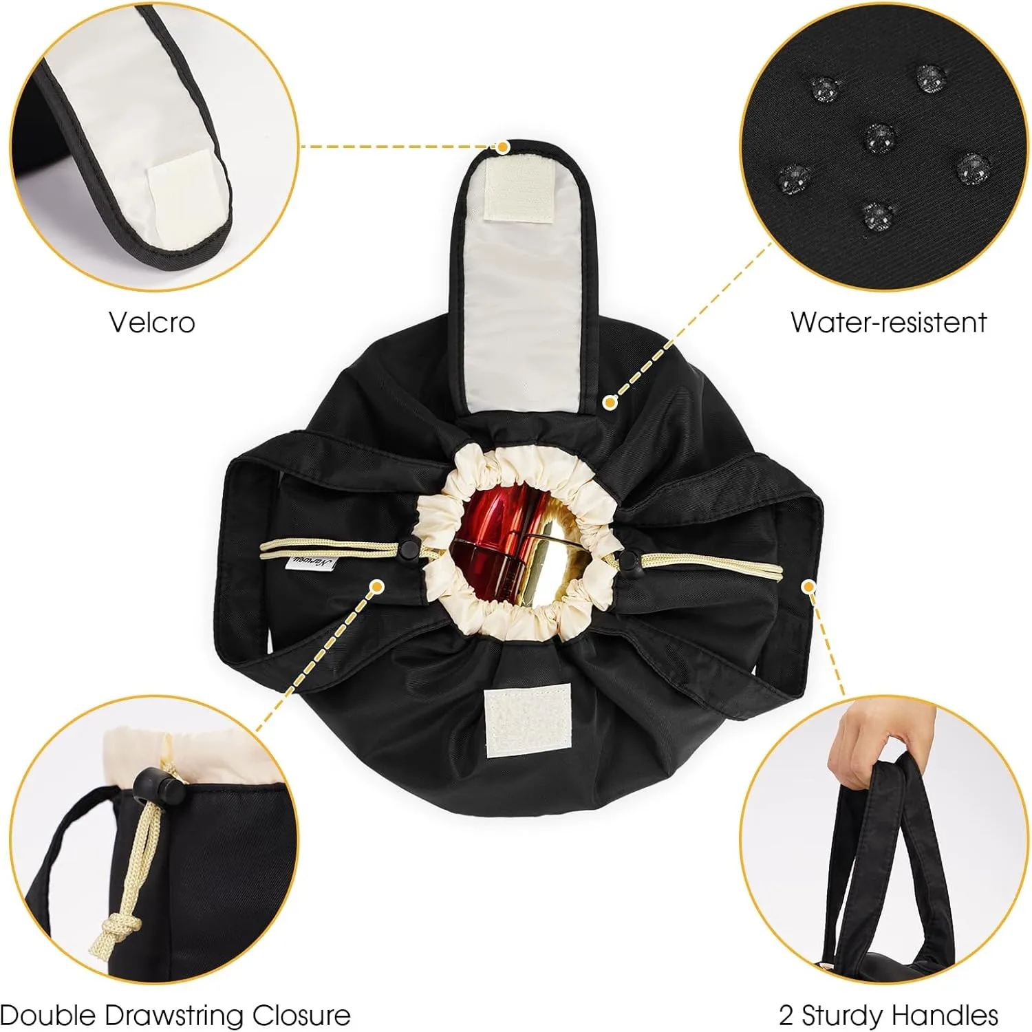 Narwey Barrel Drawstring Makeup Bag Large Cosmetic Bag Make up Bags Women and Girls Toiletry Organizer for Travel Toiletries Accessories Essentials (Black) (Patent)