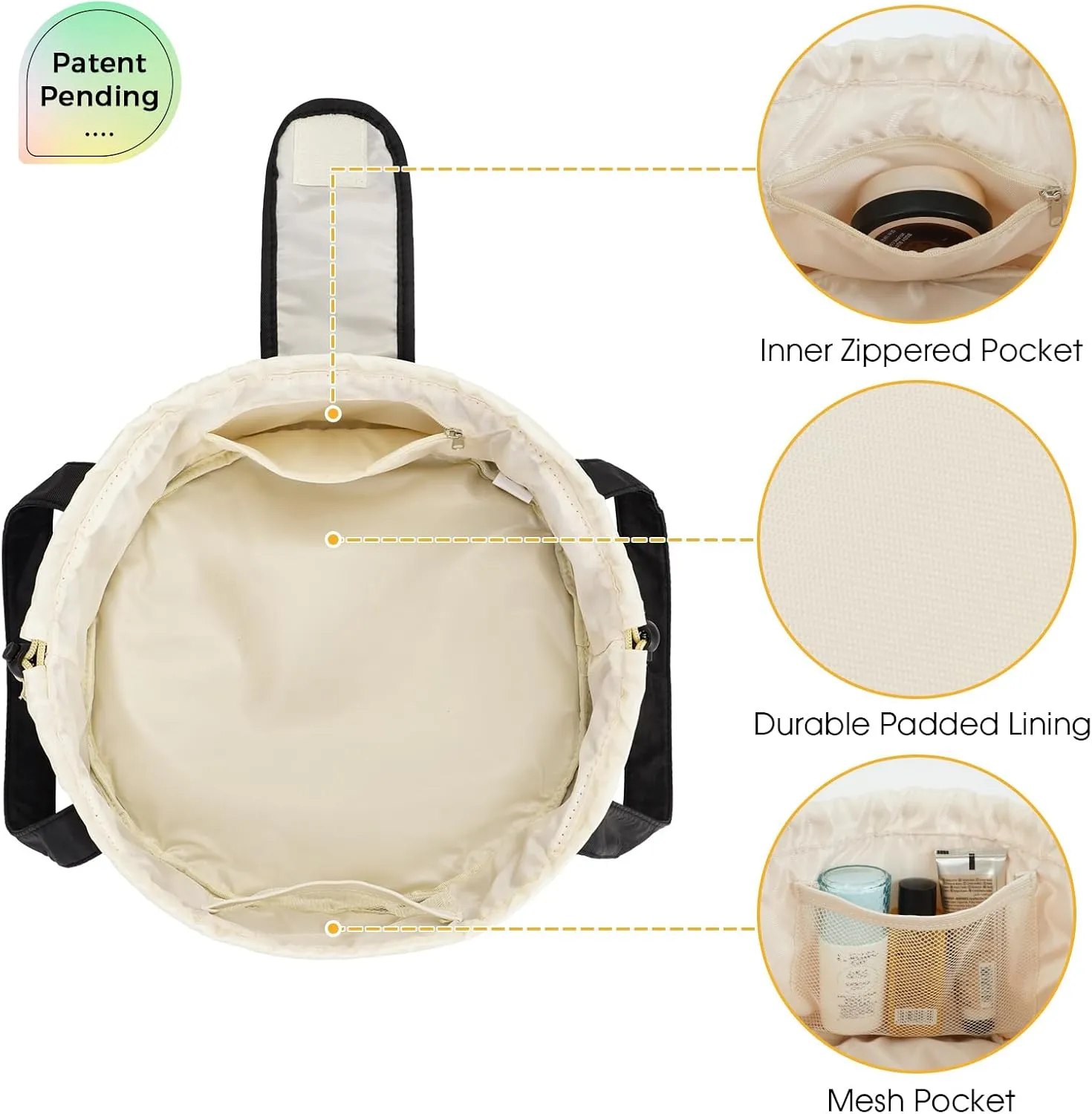 Narwey Barrel Drawstring Makeup Bag Large Cosmetic Bag Make up Bags Women and Girls Toiletry Organizer for Travel Toiletries Accessories Essentials (Black) (Patent)