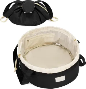 Narwey Barrel Drawstring Makeup Bag Large Cosmetic Bag Make up Bags Women and Girls Toiletry Organizer for Travel Toiletries Accessories Essentials (Black) (Patent)