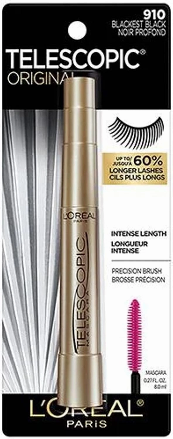 New L'Oréal Paris Telescopic Mascara, Eyelash Lengthening Mascara, Unique Non-Clumping Formula, Delivers Intense Length, For Sensitive Eyes, Blackest Black, 8 ml