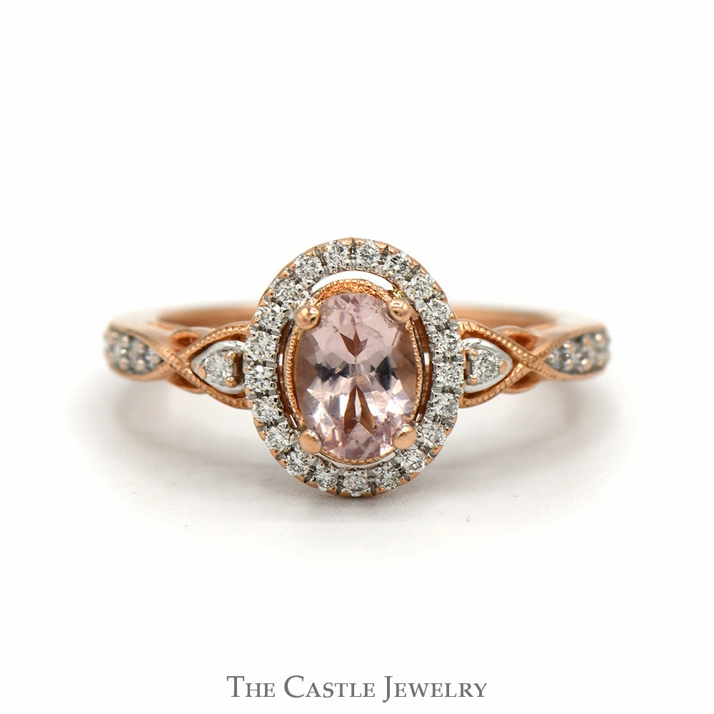 Oval Morganite Ring with Diamond Halo and Accented Sides in 10k Rose Gold