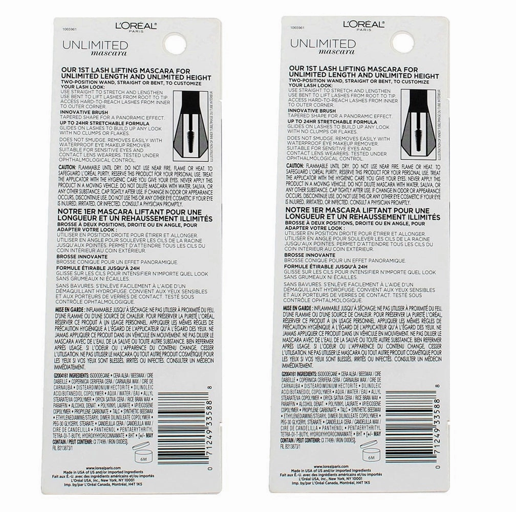 Pack of 2 L'Oreal Paris Unlimited Lash Lifting and Lengthening Washable Mascara, Black Brown # 236