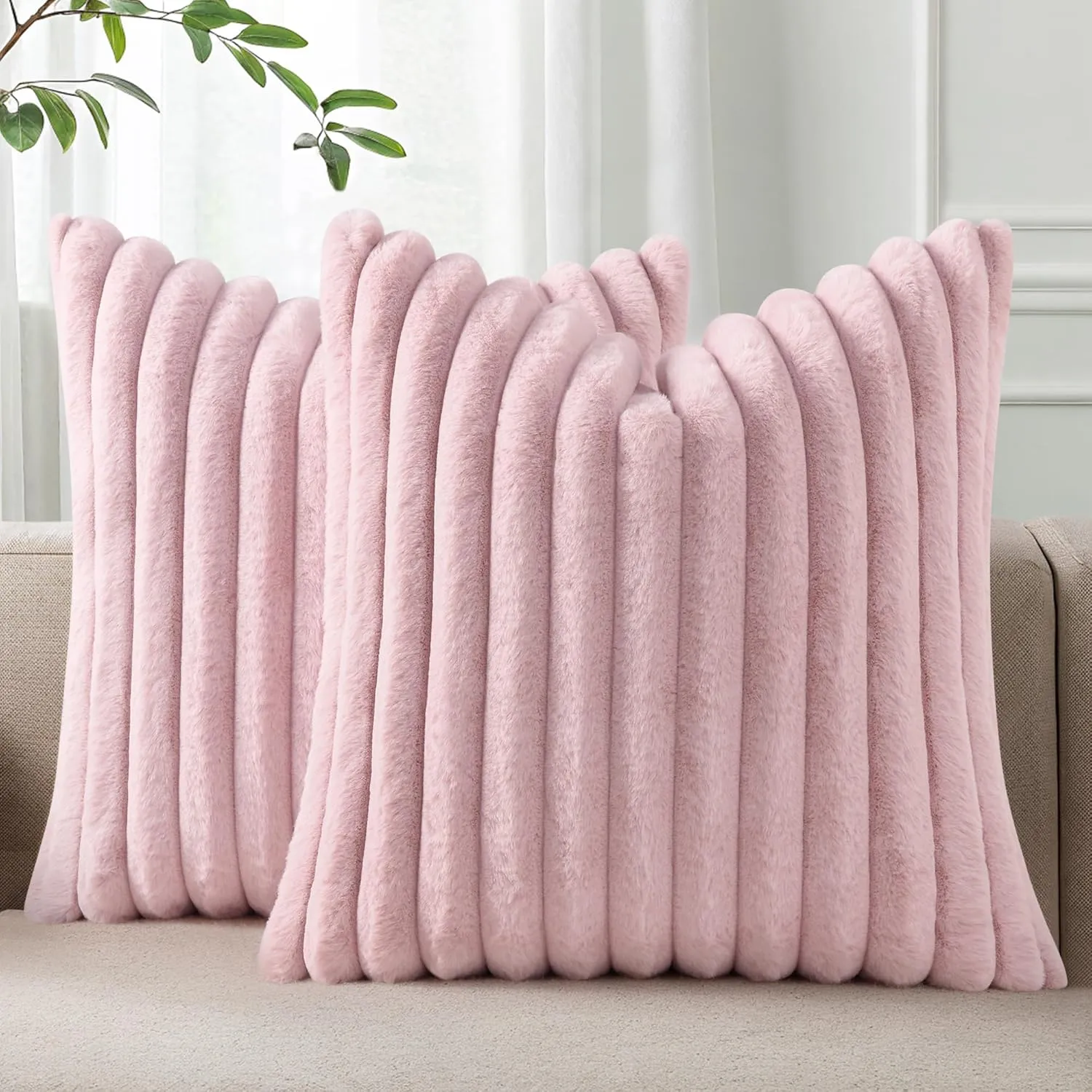 Pallene Faux Fur Plush Throw Pillow Covers 18x18 Set of 2, Luxury Soft Fluffy Striped Decorative Pillow Covers for Sofa, Couch, Living Room, Blush Pink