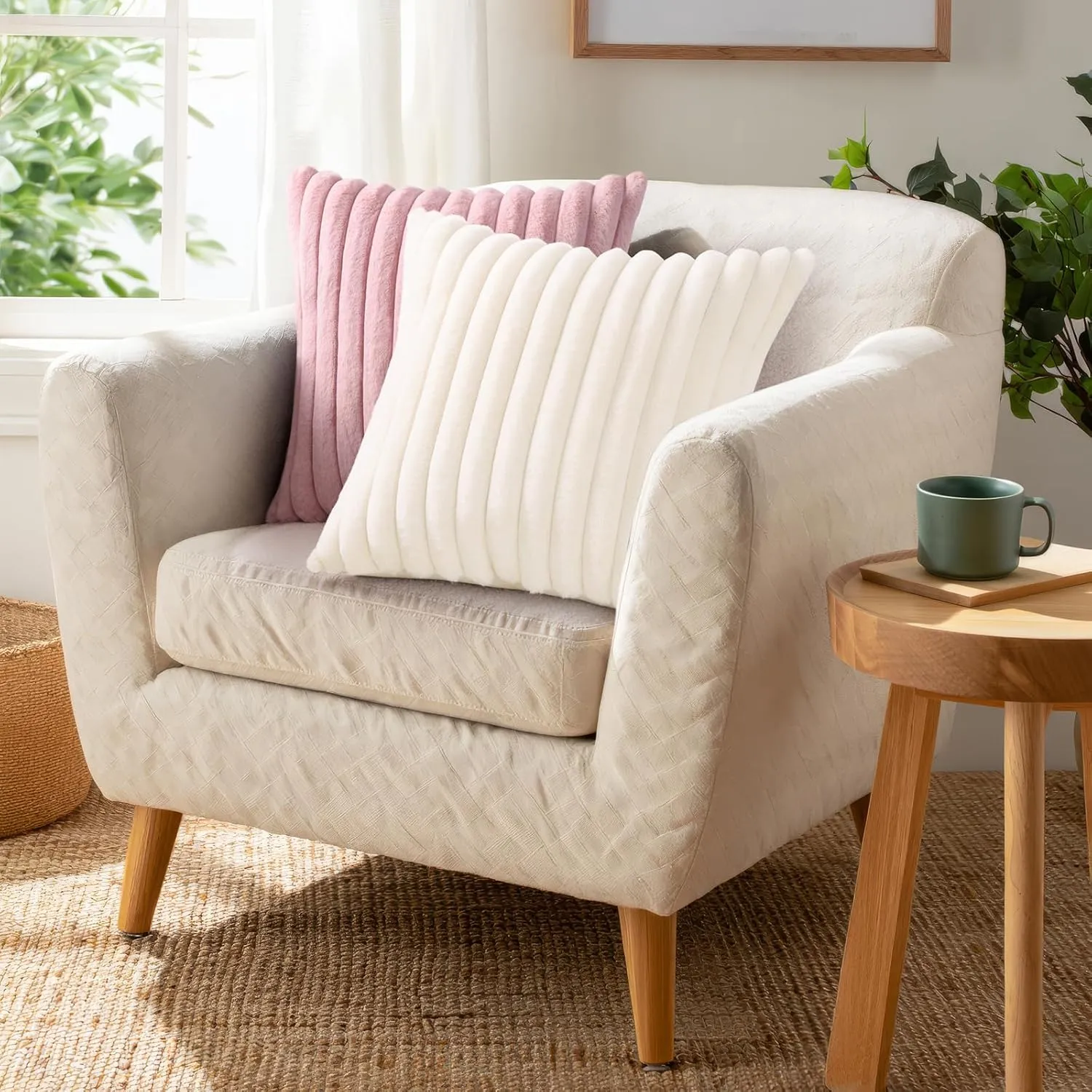 Pallene Faux Fur Plush Throw Pillow Covers 18x18 Set of 2, Luxury Soft Fluffy Striped Decorative Pillow Covers for Sofa, Couch, Living Room, Blush Pink