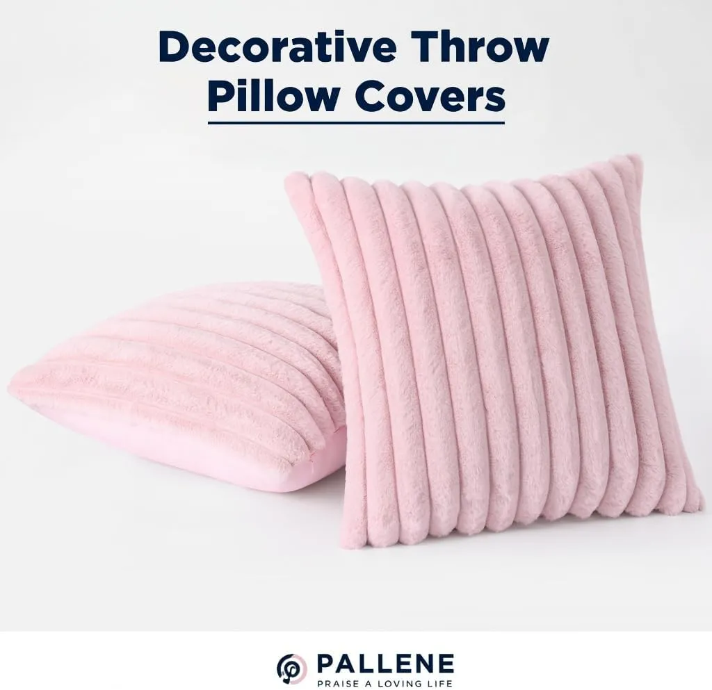 Pallene Faux Fur Plush Throw Pillow Covers 18x18 Set of 2, Luxury Soft Fluffy Striped Decorative Pillow Covers for Sofa, Couch, Living Room, Blush Pink