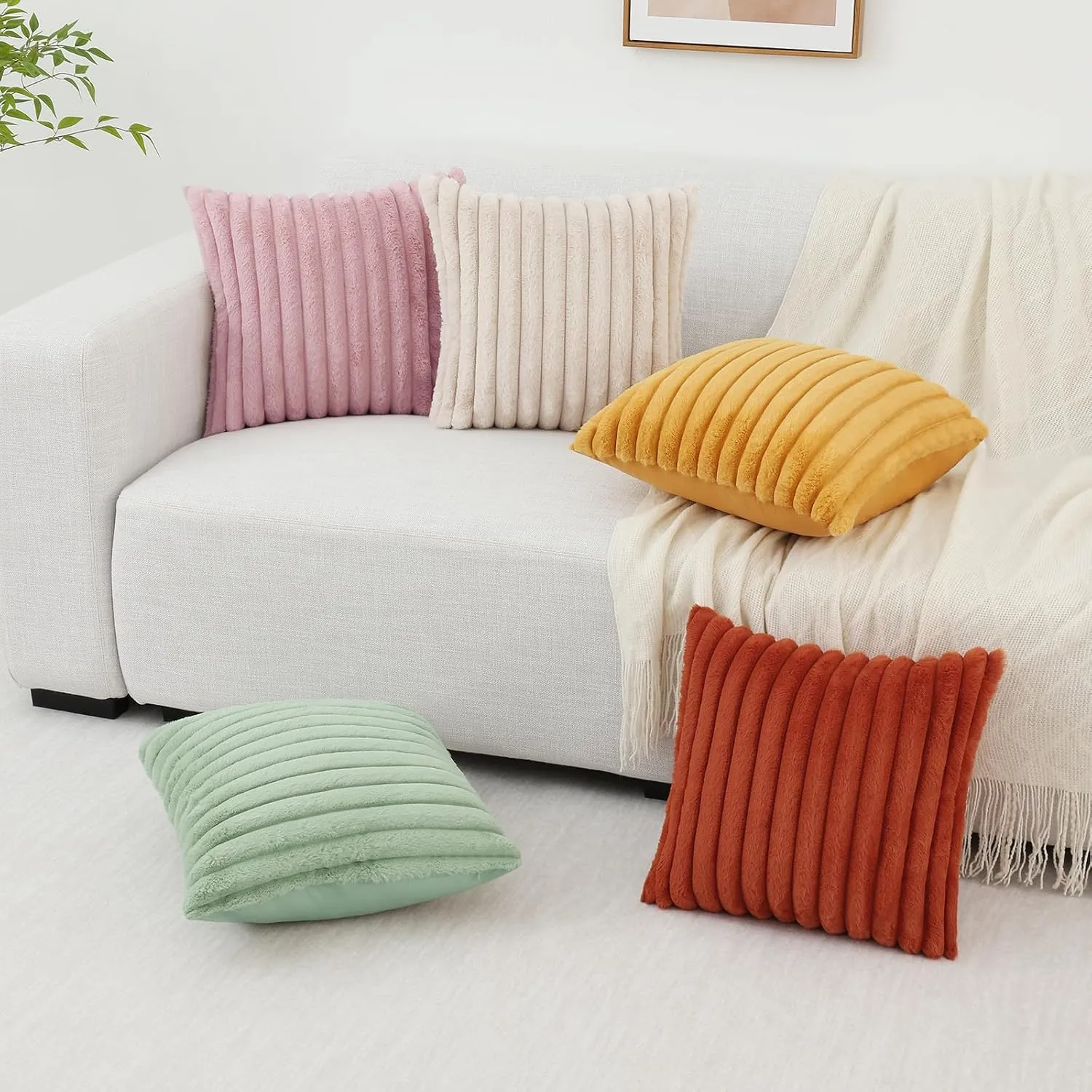 Pallene Faux Fur Plush Throw Pillow Covers 18x18 Set of 2, Luxury Soft Fluffy Striped Decorative Pillow Covers for Sofa, Couch, Living Room, Blush Pink