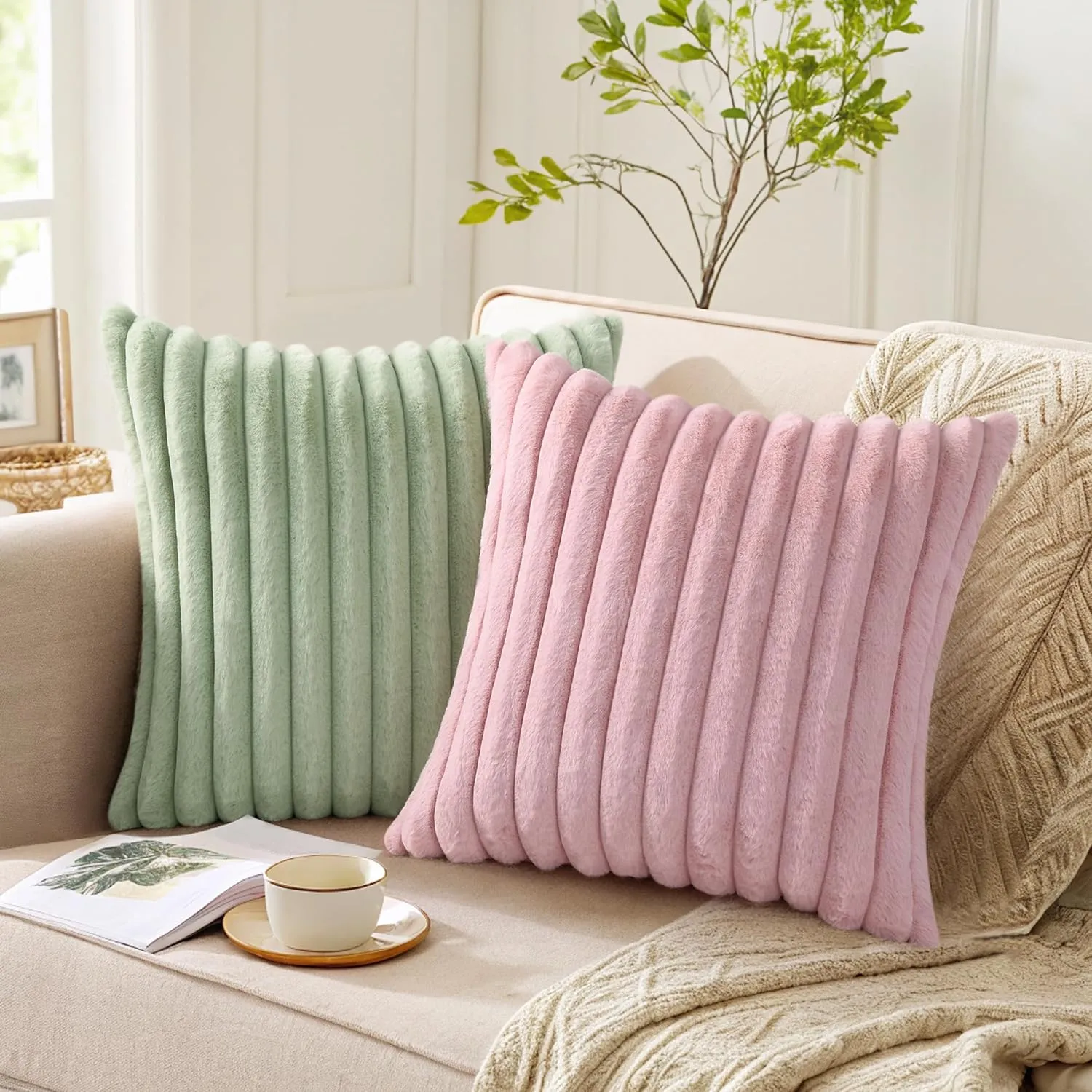 Pallene Faux Fur Plush Throw Pillow Covers 18x18 Set of 2, Luxury Soft Fluffy Striped Decorative Pillow Covers for Sofa, Couch, Living Room, Blush Pink