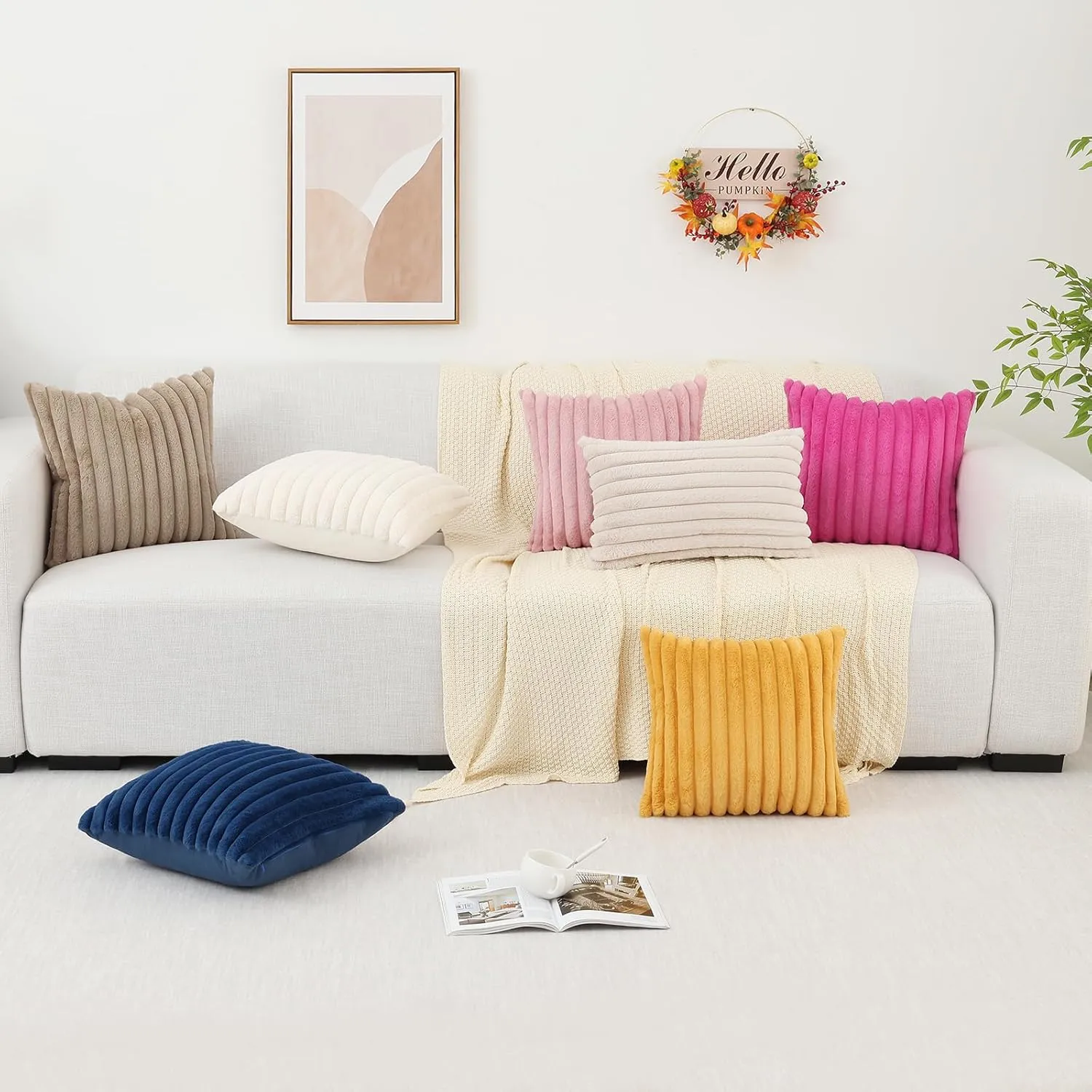 Pallene Faux Fur Plush Throw Pillow Covers 18x18 Set of 2, Luxury Soft Fluffy Striped Decorative Pillow Covers for Sofa, Couch, Living Room, Blush Pink