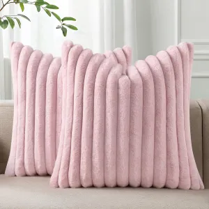 Pallene Faux Fur Plush Throw Pillow Covers 18x18 Set of 2, Luxury Soft Fluffy Striped Decorative Pillow Covers for Sofa, Couch, Living Room, Blush Pink