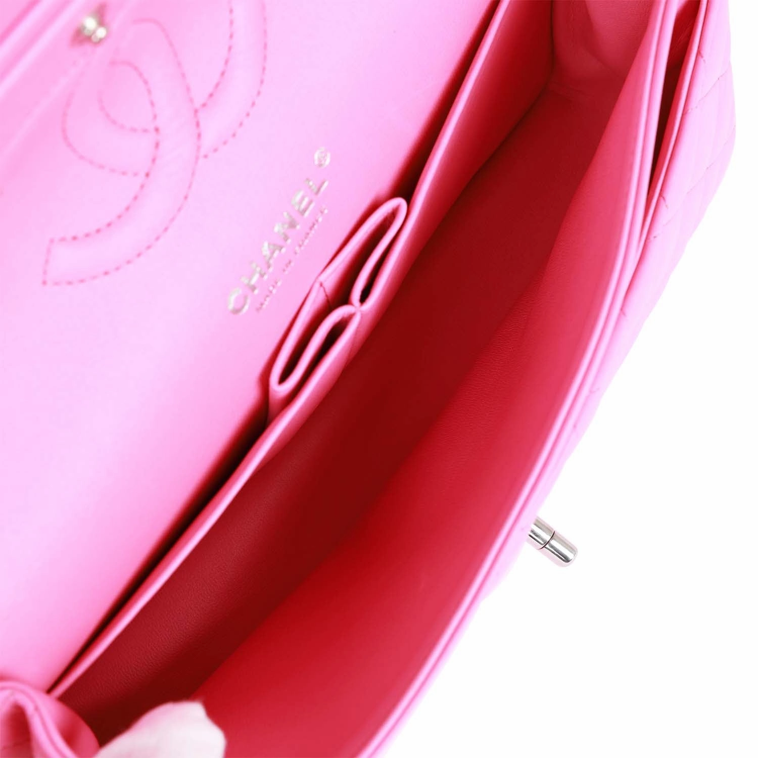 Pre-owned Chanel Medium Classic Double Flap Bag Neon Pink Lambskin Silver Hardware