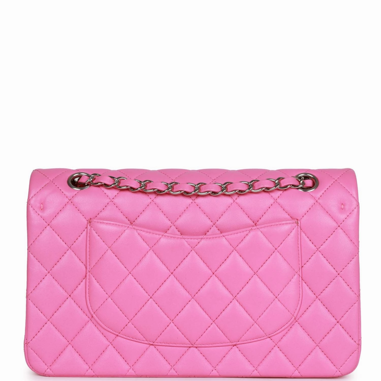 Pre-owned Chanel Medium Classic Double Flap Bag Neon Pink Lambskin Silver Hardware