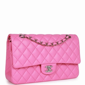 Pre-owned Chanel Medium Classic Double Flap Bag Neon Pink Lambskin Silver Hardware