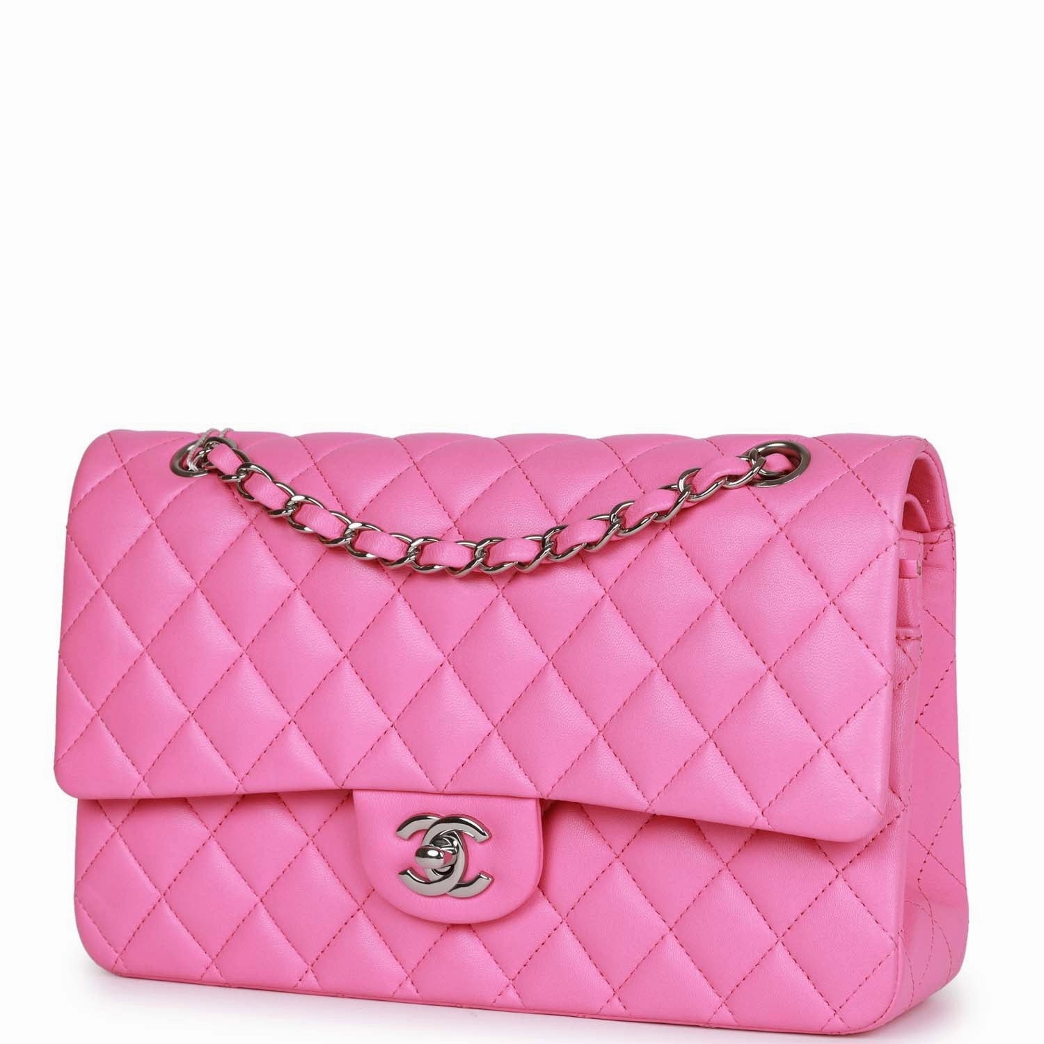 Pre-owned Chanel Medium Classic Double Flap Bag Neon Pink Lambskin Silver Hardware