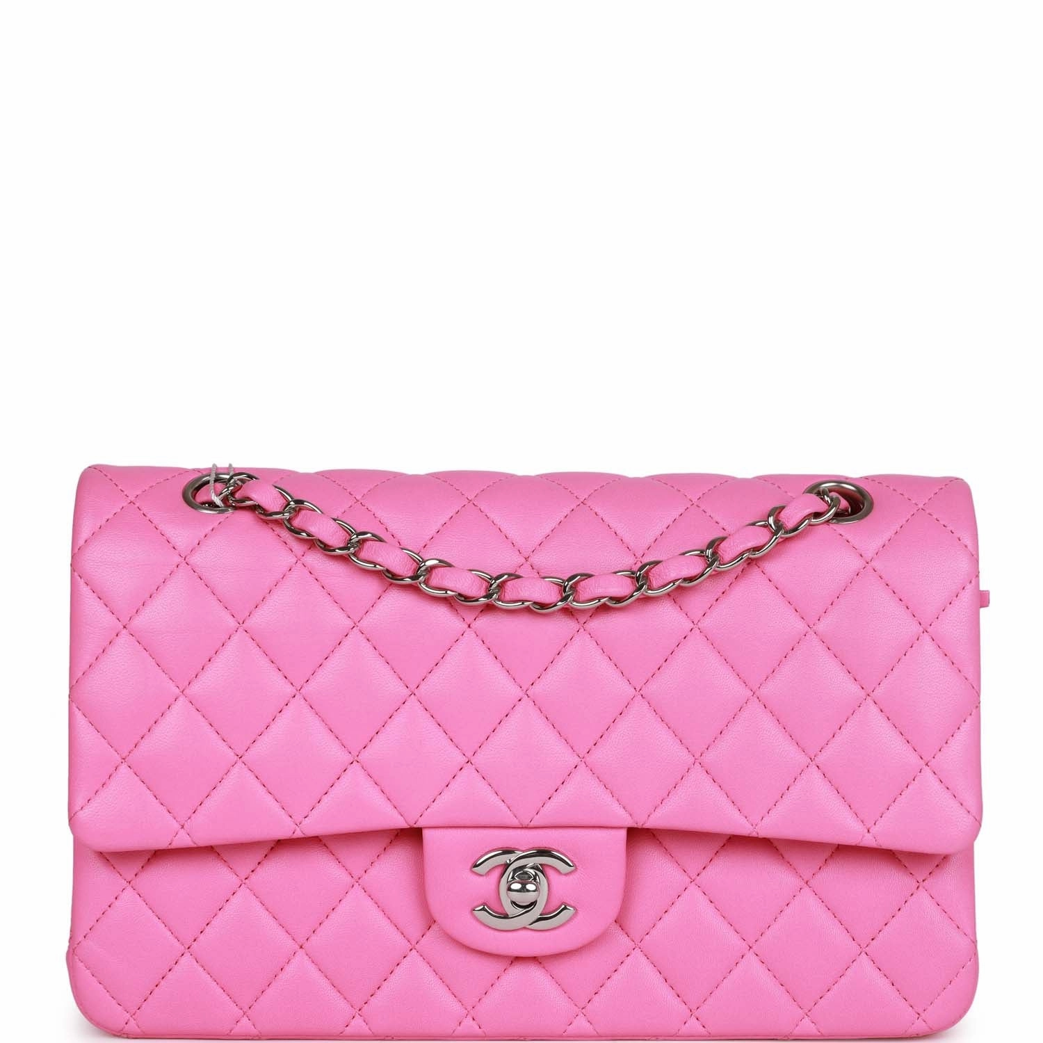 Pre-owned Chanel Medium Classic Double Flap Bag Neon Pink Lambskin Silver Hardware