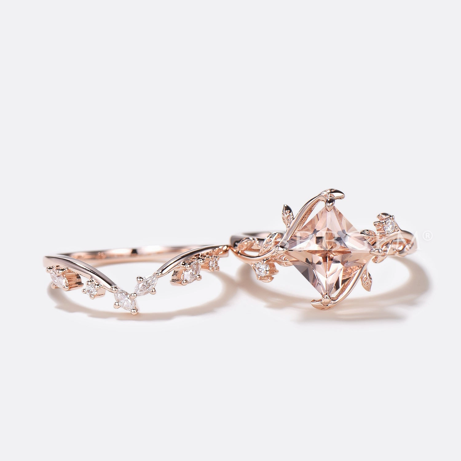 Princess Cut Morganite Leaf Engagement Ring Diamond Nature Inspired Bridal Set