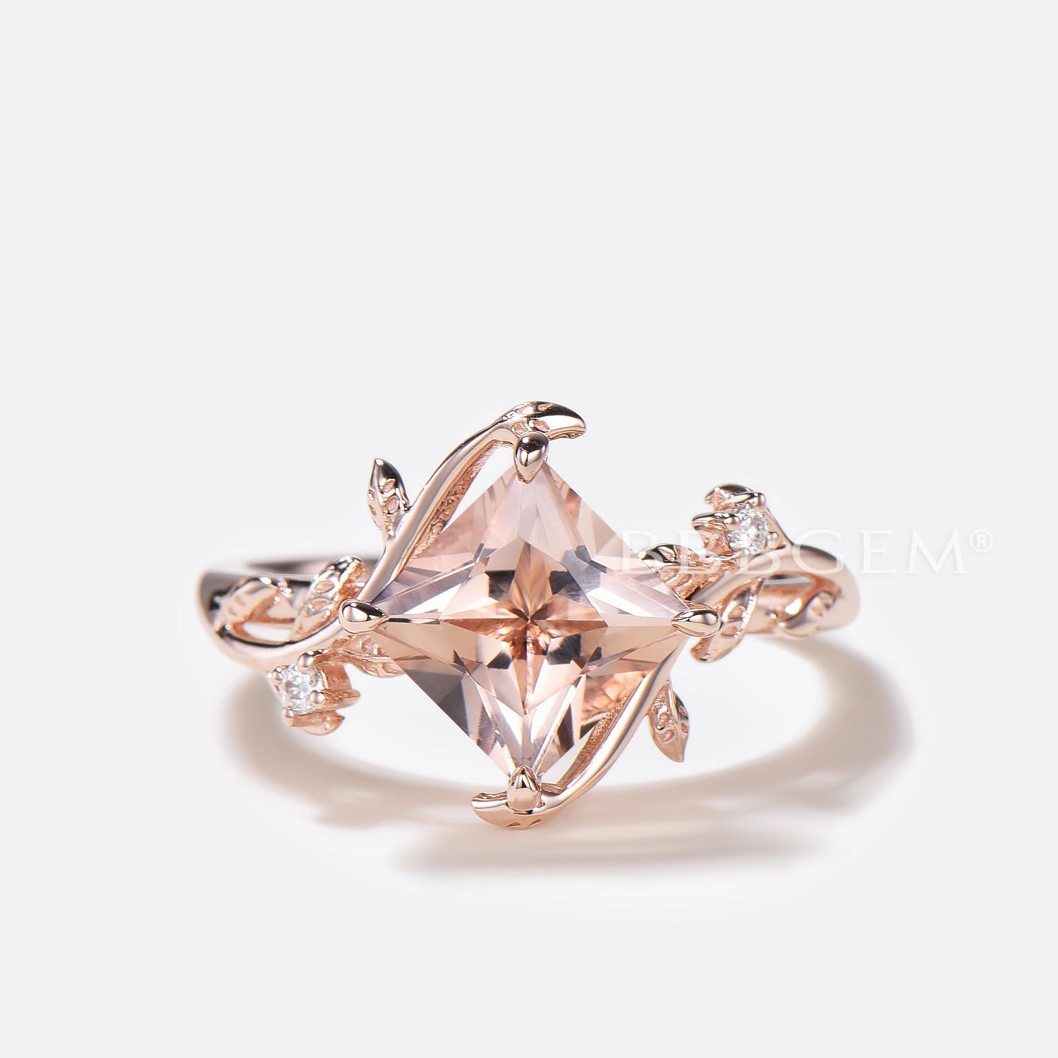 Princess Cut Morganite Leaf Engagement Ring Diamond Nature Inspired Bridal Set