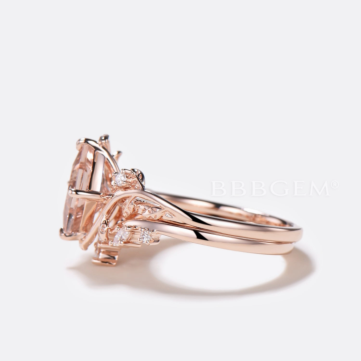 Princess Cut Morganite Leaf Engagement Ring Diamond Nature Inspired Bridal Set