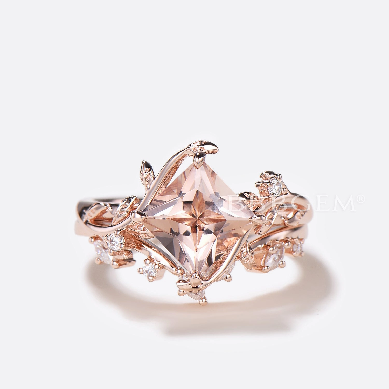 Princess Cut Morganite Leaf Engagement Ring Diamond Nature Inspired Bridal Set