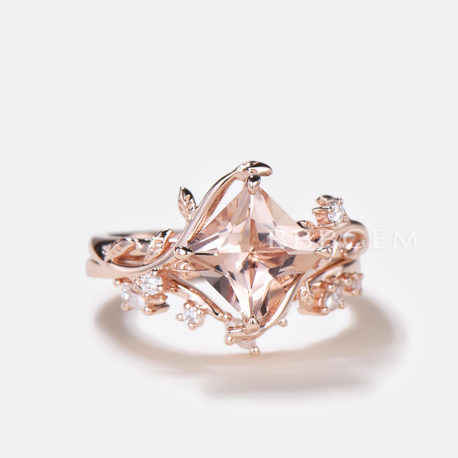 Princess Cut Morganite Leaf Engagement Ring Diamond Nature Inspired Bridal Set