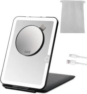 Rechargeable Travel Makeup Mirror with Lights and10x Magnification, 70 LEDs 3 Color Lights, Foldable Beauty Mirror, Portable Lighted Mirror Black with Carrying Bag