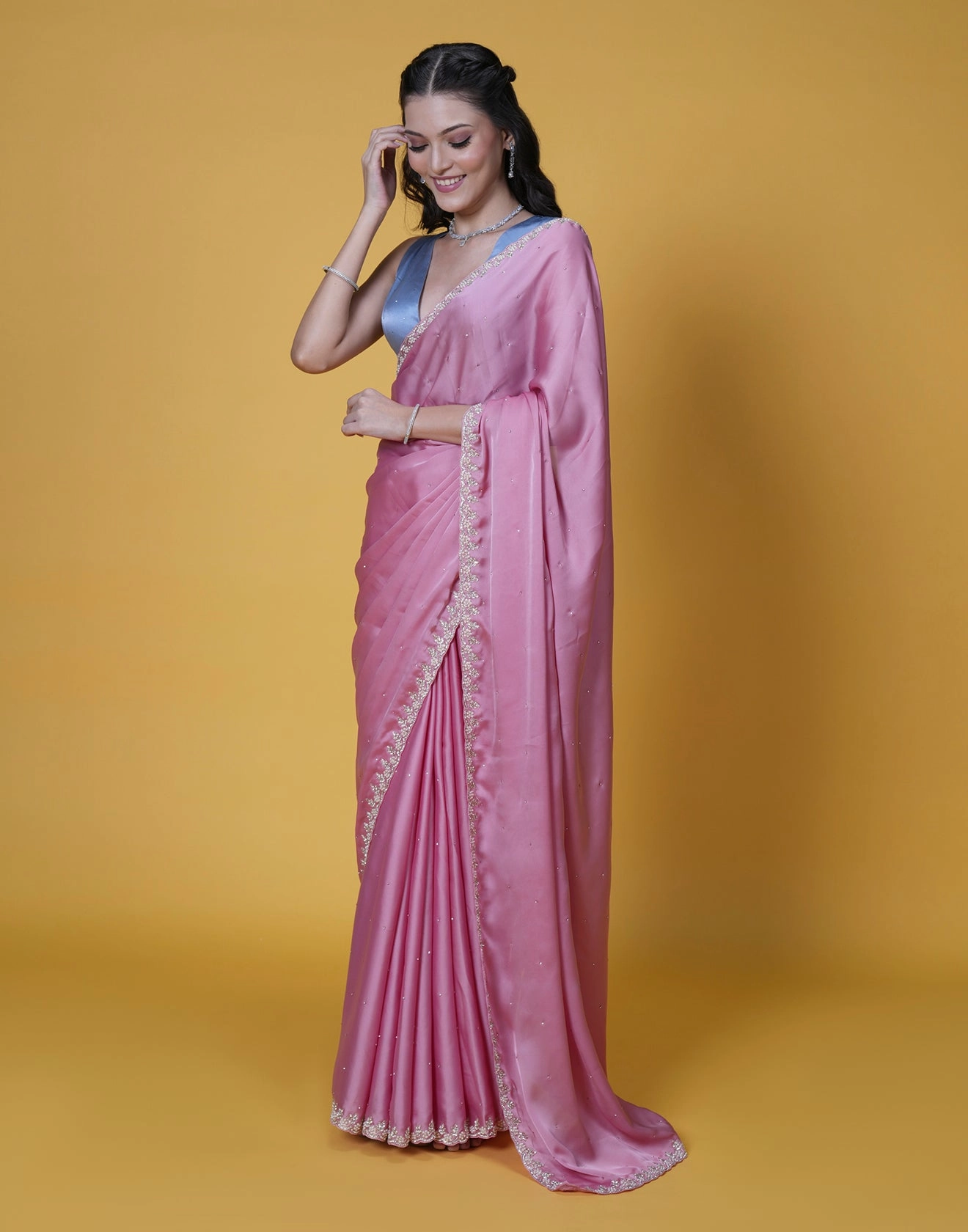 Rosé Blush Satin Embellished Saree