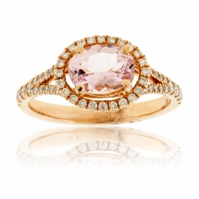 Sideways Oval Cut Morganite & Diamond Halo Ring