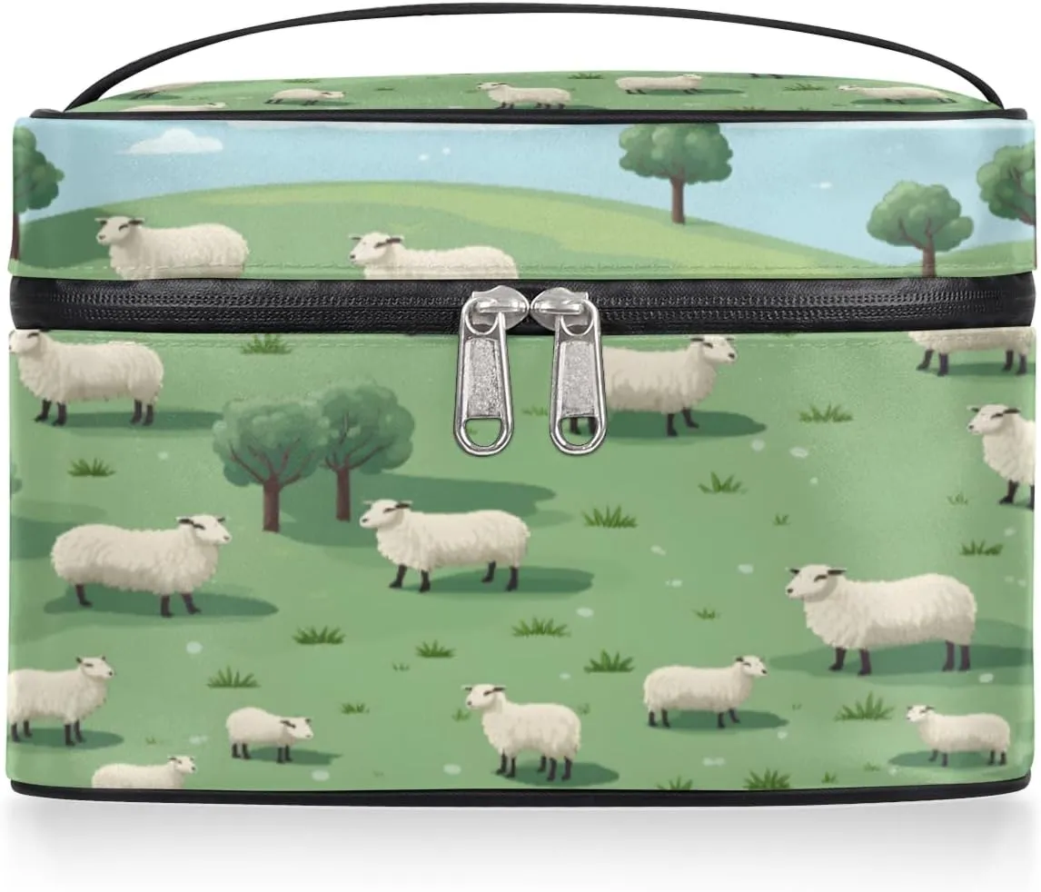Toiletry Bags Herd Sheep Large Capacity Travel Makeup Organizer Case, Sheeps on Hillside Meadow Portable Toiletry Bag for Women Makeup Brush Bag Storage Bag
