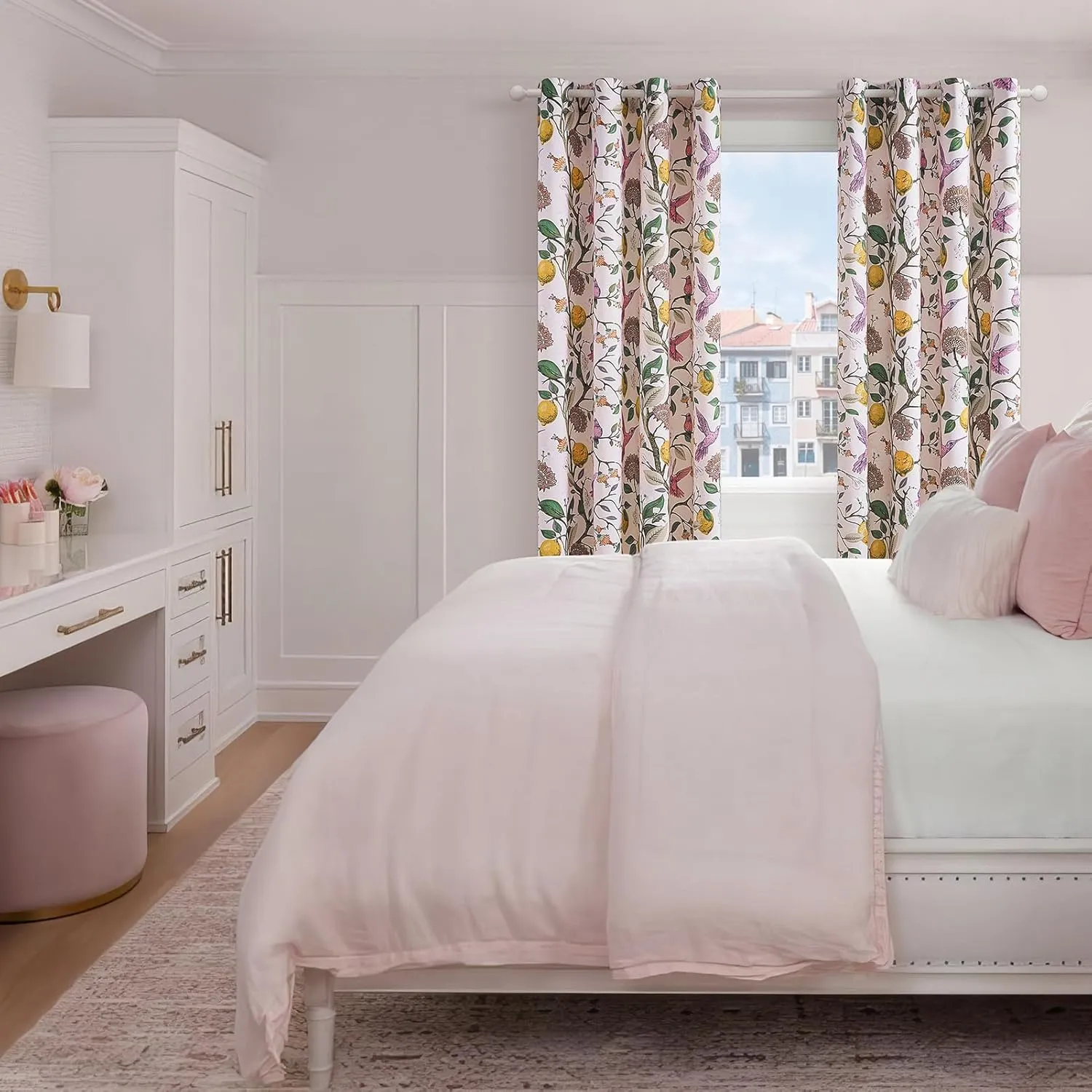 Topfinel Floral Curtains 84 Inch Length 2 Panels Set Pink Spring French Country Coquette Flower Hummingbird Blush Pink Blackout Curtains Preppy Nursery Girls Bedroom Aesthetic Living Dining Room
