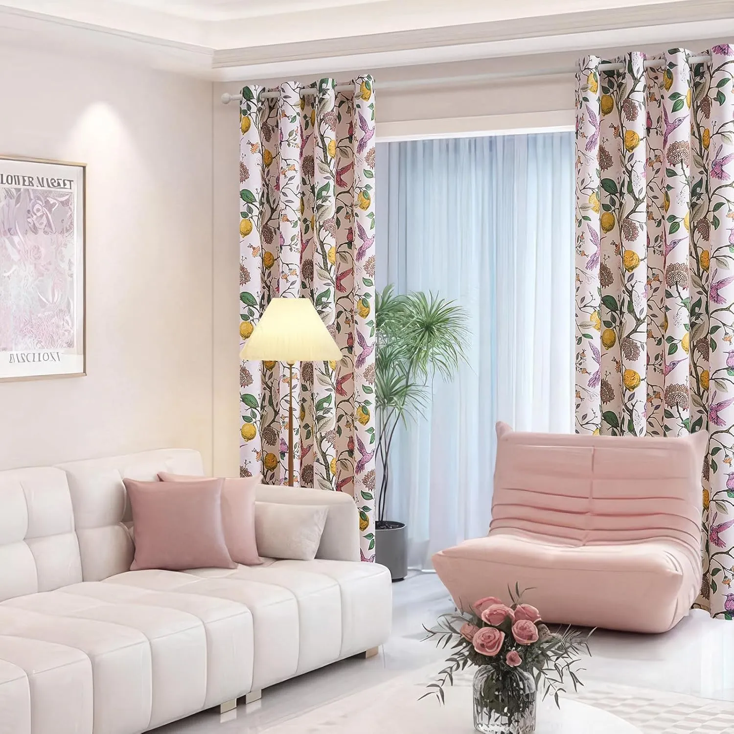 Topfinel Floral Curtains 84 Inch Length 2 Panels Set Pink Spring French Country Coquette Flower Hummingbird Blush Pink Blackout Curtains Preppy Nursery Girls Bedroom Aesthetic Living Dining Room