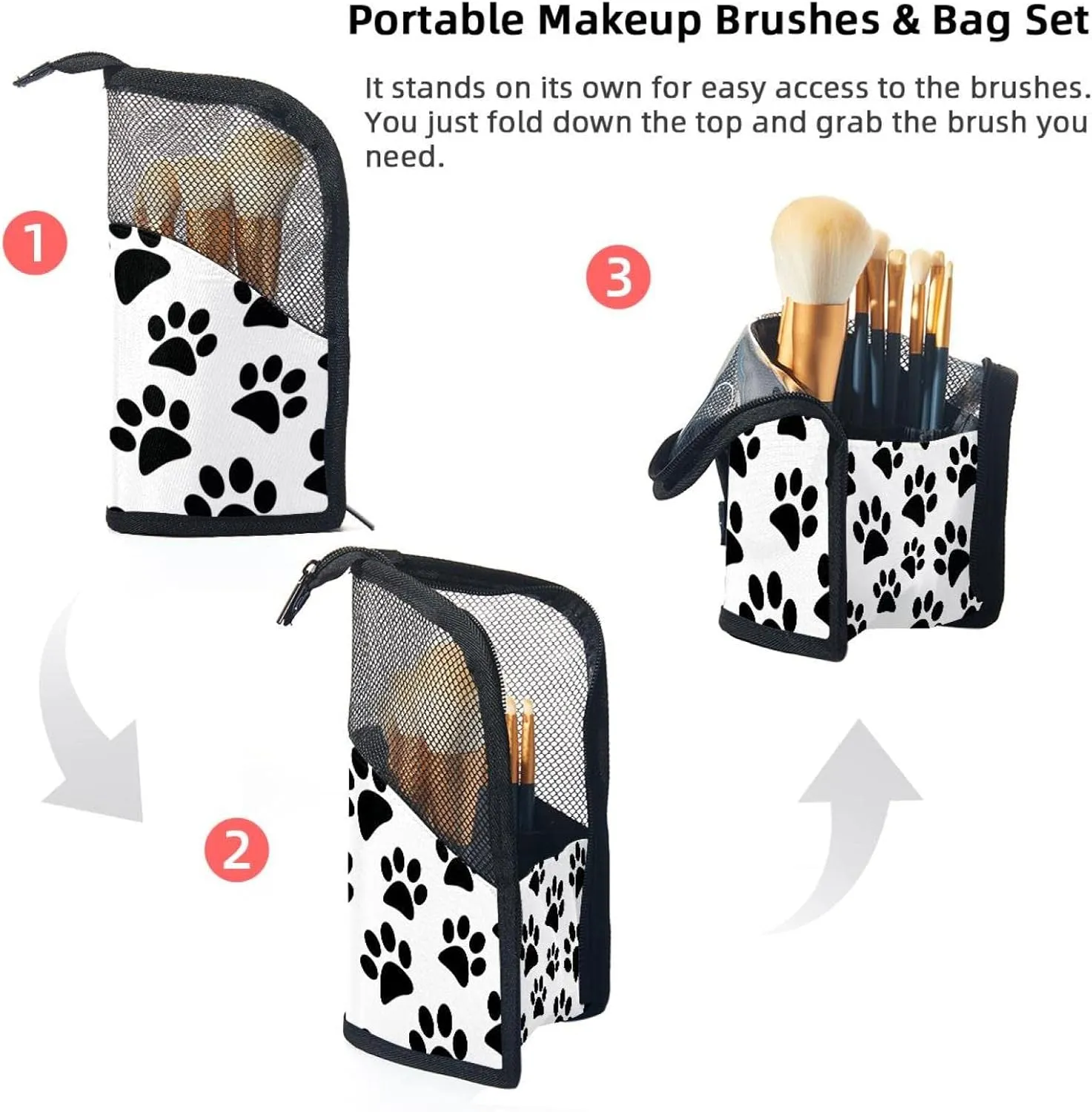 Travel Makeup Brush Holder, Large Stand-Up Makeup Brush Case, Professional Brush Organizer Foldable Makeup Artist Brush Storage Bag - Cute Black Dog Animal Footprint