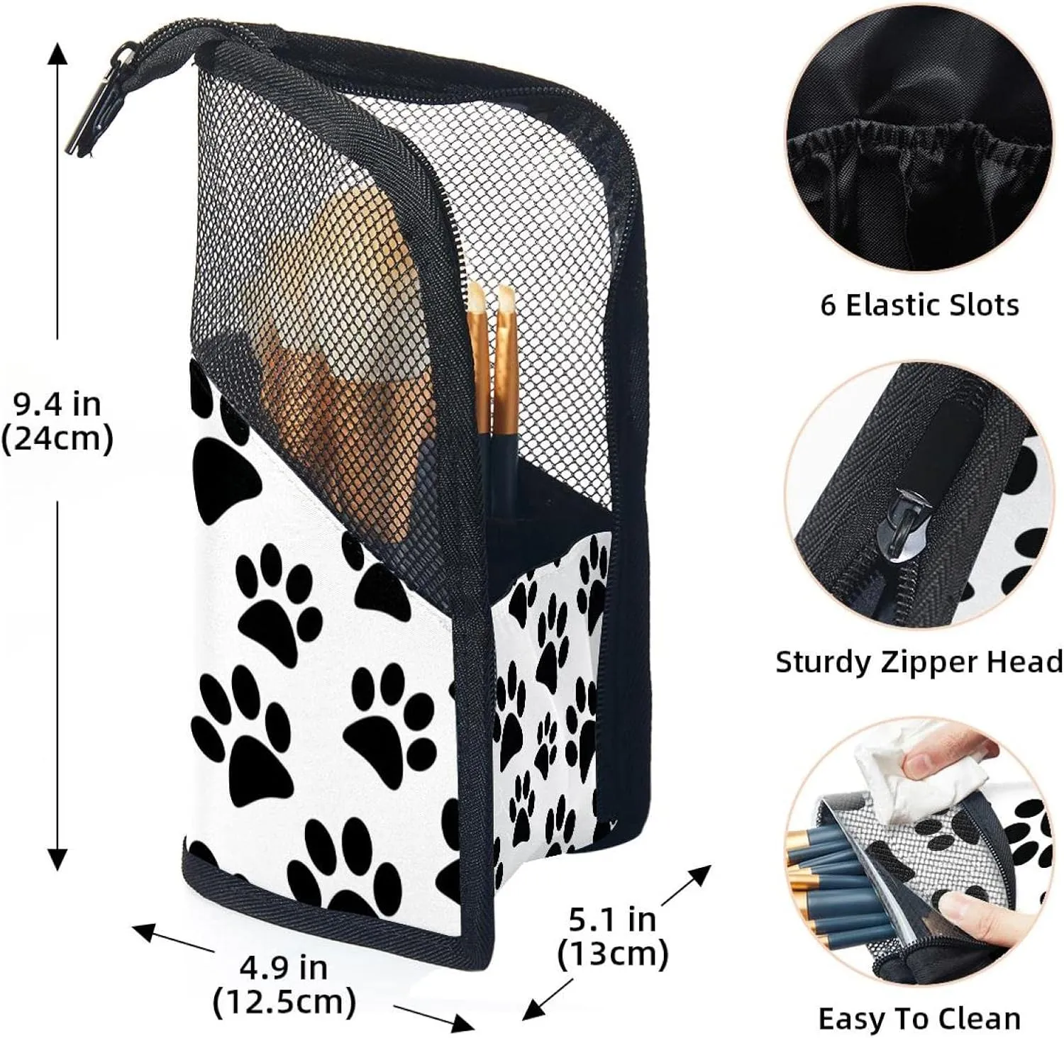 Travel Makeup Brush Holder, Large Stand-Up Makeup Brush Case, Professional Brush Organizer Foldable Makeup Artist Brush Storage Bag - Cute Black Dog Animal Footprint