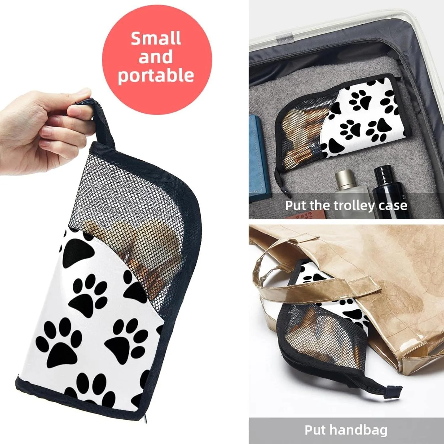 Travel Makeup Brush Holder, Large Stand-Up Makeup Brush Case, Professional Brush Organizer Foldable Makeup Artist Brush Storage Bag - Cute Black Dog Animal Footprint