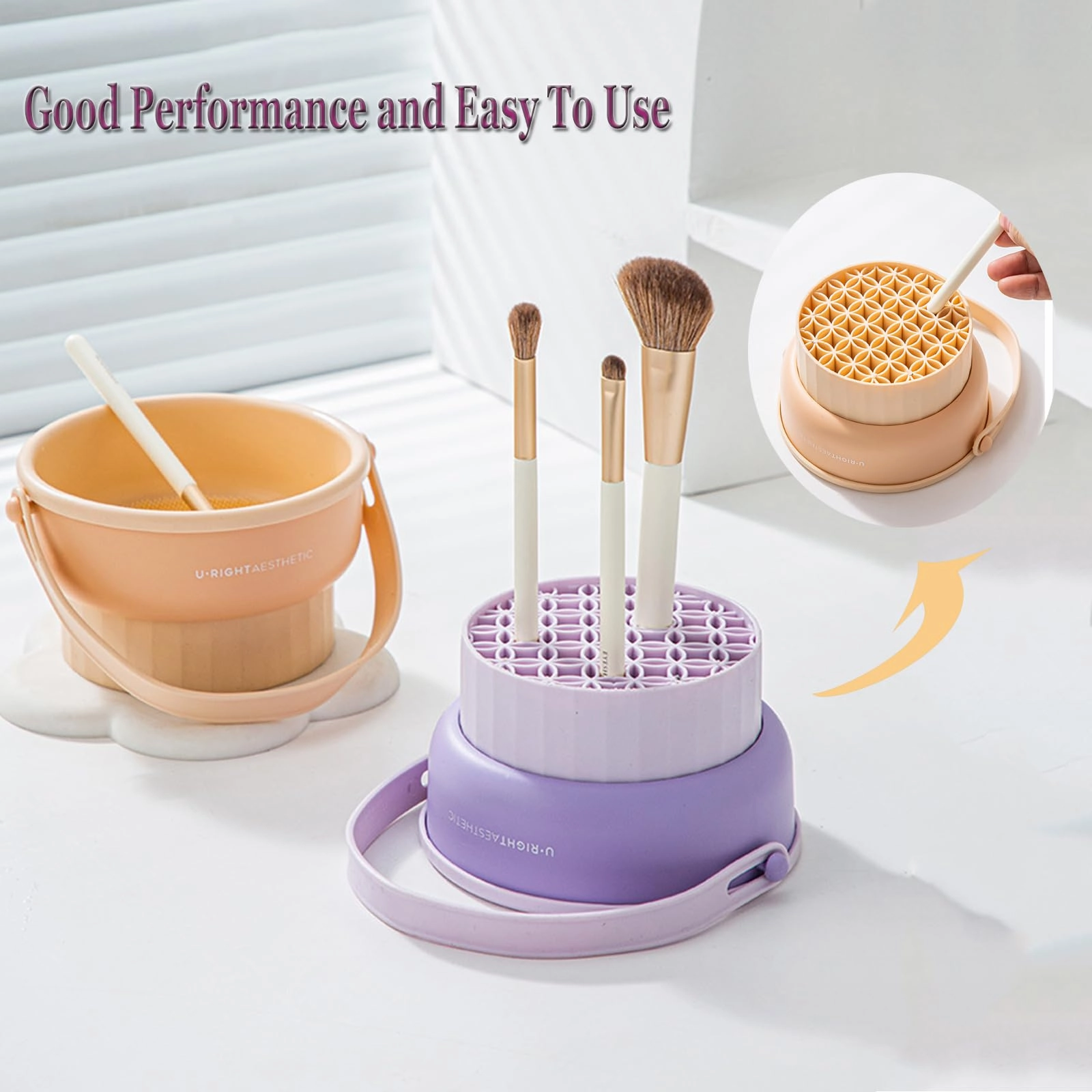 UPTOZOBLY 3 in 1 Brush Cleaning Mat with Brush Drying Holder, Silicone Makeup Brush Cleaner Mat Make Up Brush Cleaning Bowl Cosmetic Brush Washing Tool for Makeup Brush, Sponge, Powder Puff (Purple)