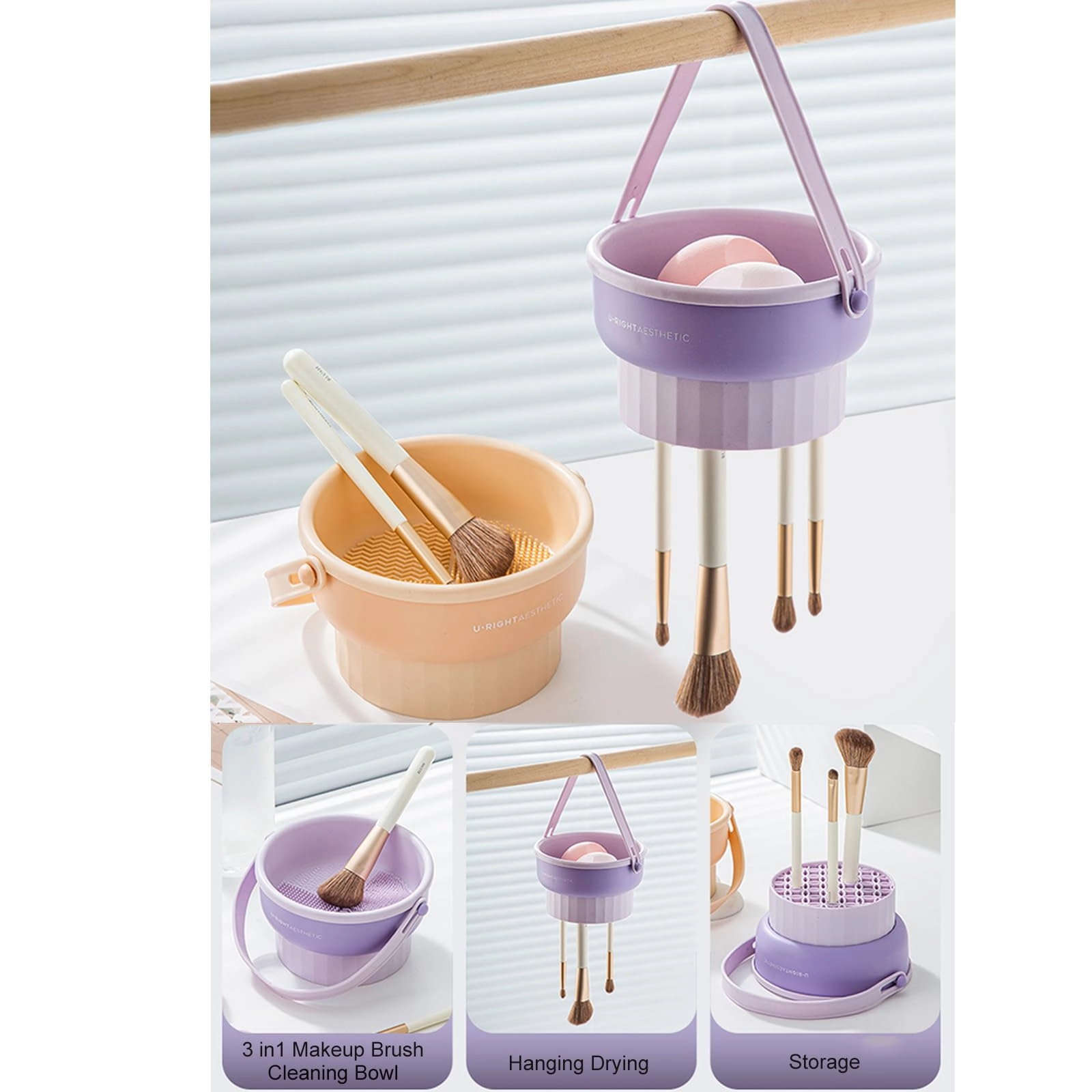 UPTOZOBLY 3 in 1 Brush Cleaning Mat with Brush Drying Holder, Silicone Makeup Brush Cleaner Mat Make Up Brush Cleaning Bowl Cosmetic Brush Washing Tool for Makeup Brush, Sponge, Powder Puff (Purple)