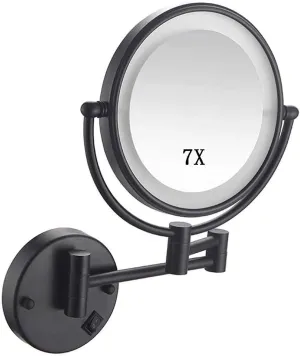 USB Rechargeable Wall-Mounted Makeup Mirror, 1X & 7X Magnification, 360° Rotation, Double-Sided Round Mirror, Black