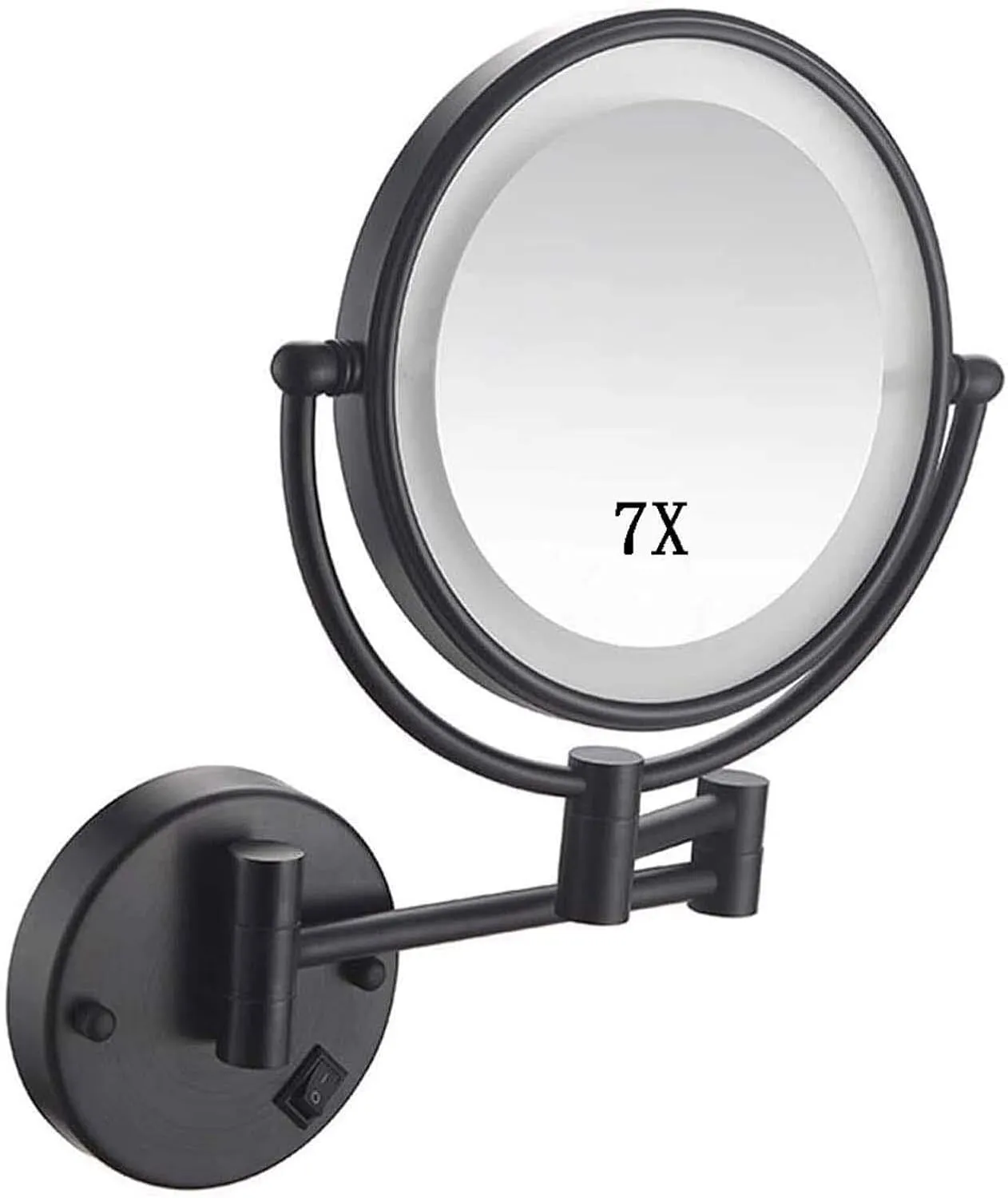 USB Rechargeable Wall-Mounted Makeup Mirror, 1X & 7X Magnification, 360° Rotation, Double-Sided Round Mirror, Black