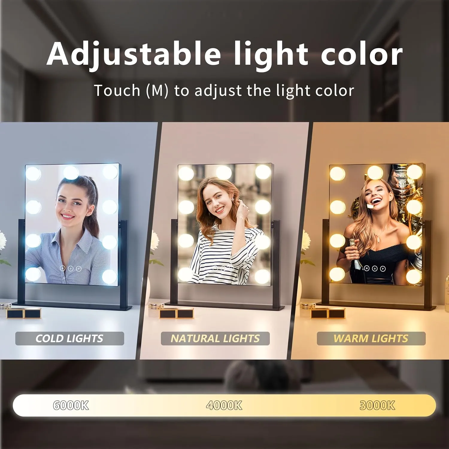 Vanity Mirror with Lights, Hollywood Vanity Makeup Mirror with 9 Dimmable LED Bulbs, 3 Color Lighting Modes, Detachable 10X Magnification, 360°Rotation,Black