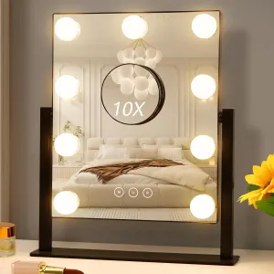 Vanity Mirror with Lights, Hollywood Vanity Makeup Mirror with 9 Dimmable LED Bulbs, 3 Color Lighting Modes, Detachable 10X Magnification, 360°Rotation,Black