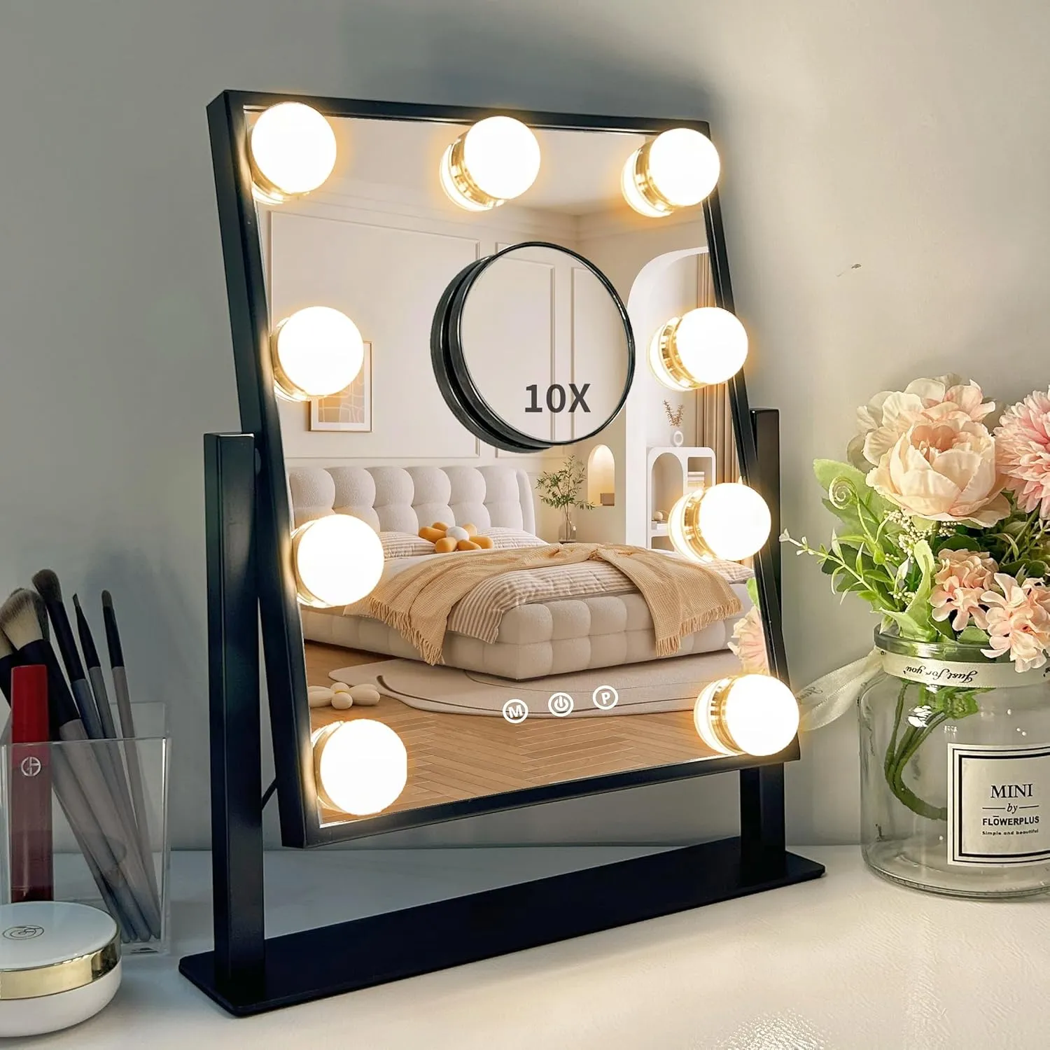 Vanity Mirror with Lights, Hollywood Vanity Makeup Mirror with 9 Dimmable LED Bulbs, 3 Color Lighting Modes, Detachable 10X Magnification, 360°Rotation,Black