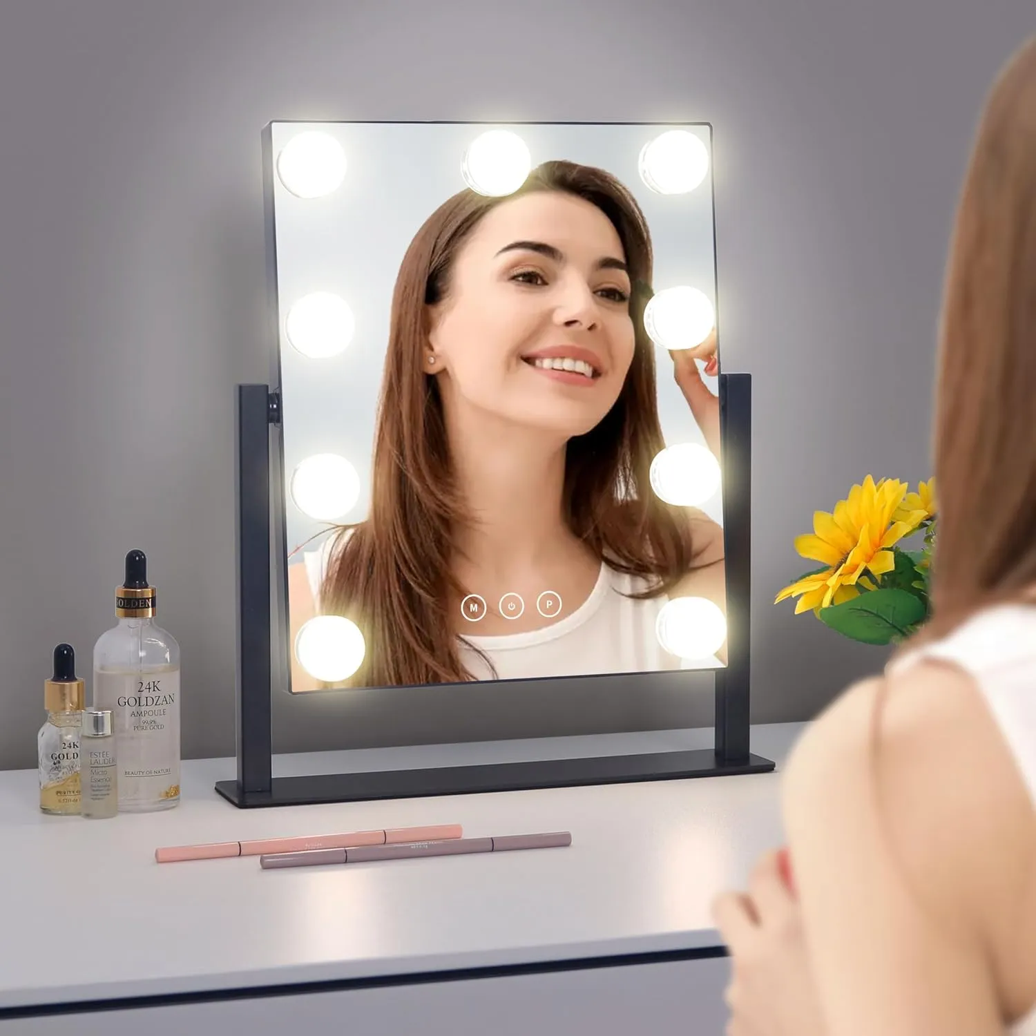 Vanity Mirror with Lights, Hollywood Vanity Makeup Mirror with 9 Dimmable LED Bulbs, 3 Color Lighting Modes, Detachable 10X Magnification, 360°Rotation,Black