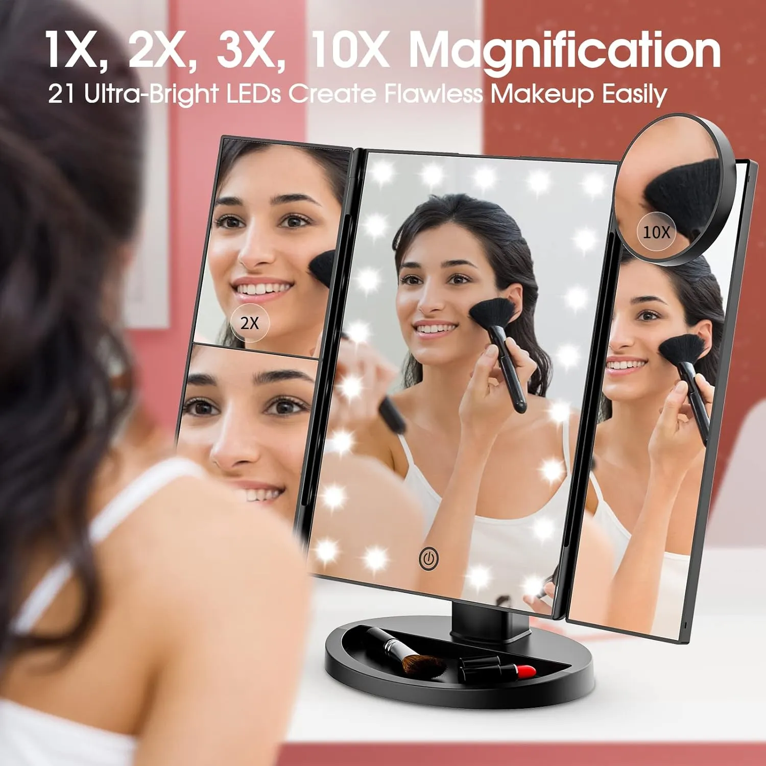 Vanity Mirror with Lights, Lighted Makeup Mirror with 2X 3X 10X Magnification, 21 LED Trifold Compact Touch Dimming Light Up Mirror, Dual Power Supply, Gifts for Women (Black)
