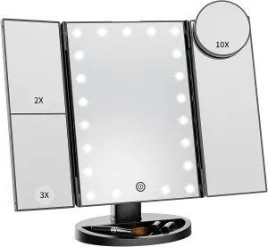 Vanity Mirror with Lights, Lighted Makeup Mirror with 2X 3X 10X Magnification, 21 LED Trifold Compact Touch Dimming Light Up Mirror, Dual Power Supply, Gifts for Women (Black)
