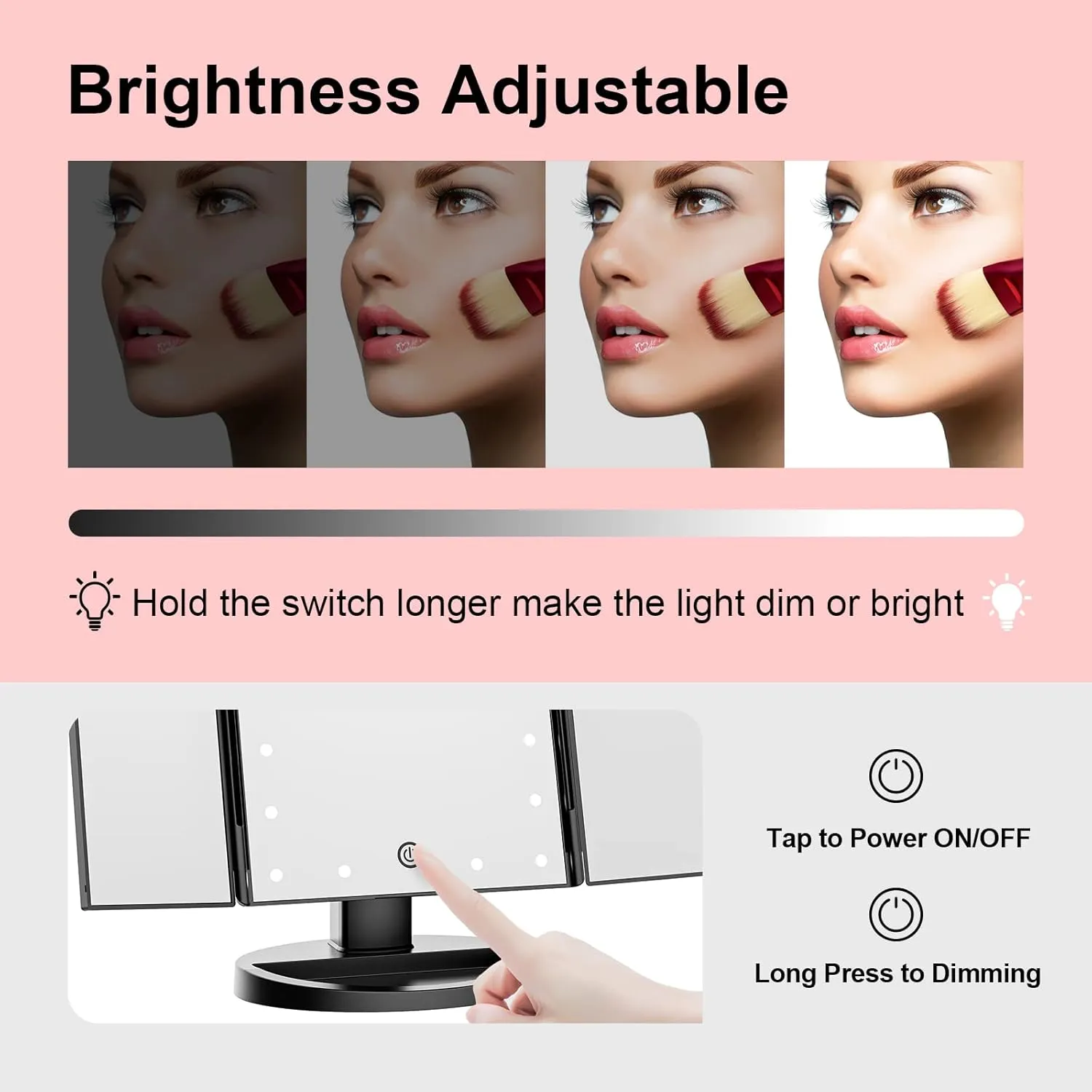 Vanity Mirror with Lights, Lighted Makeup Mirror with 2X 3X 10X Magnification, 21 LED Trifold Compact Touch Dimming Light Up Mirror, Dual Power Supply, Gifts for Women (Black)