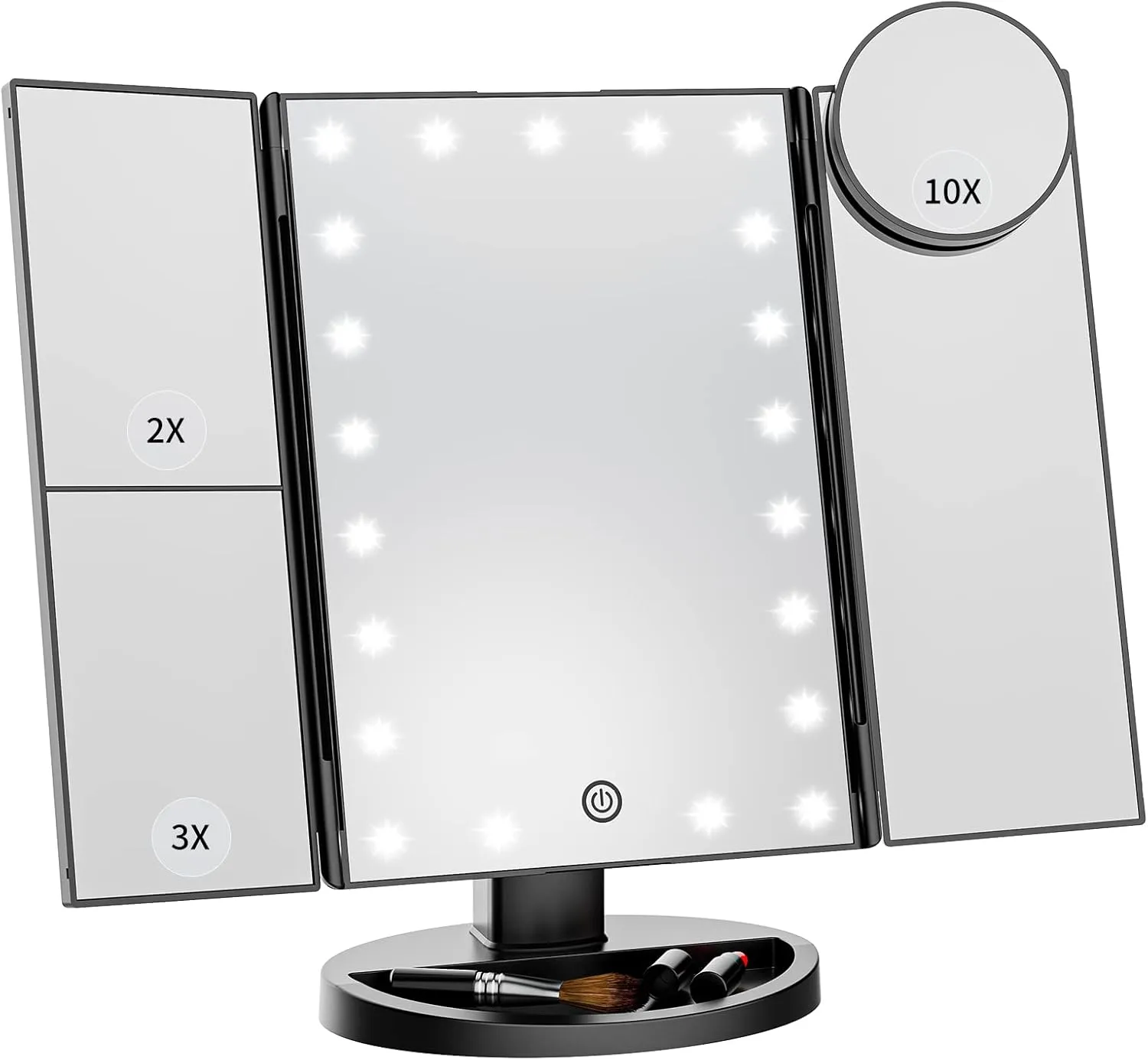 Vanity Mirror with Lights, Lighted Makeup Mirror with 2X 3X 10X Magnification, 21 LED Trifold Compact Touch Dimming Light Up Mirror, Dual Power Supply, Gifts for Women (Black)