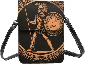 vintage ancient Greek soldier circular orange black Leather Small Crossbody Bags for Women Cell Phone Bag Wallet Purses with Adjustable Strap