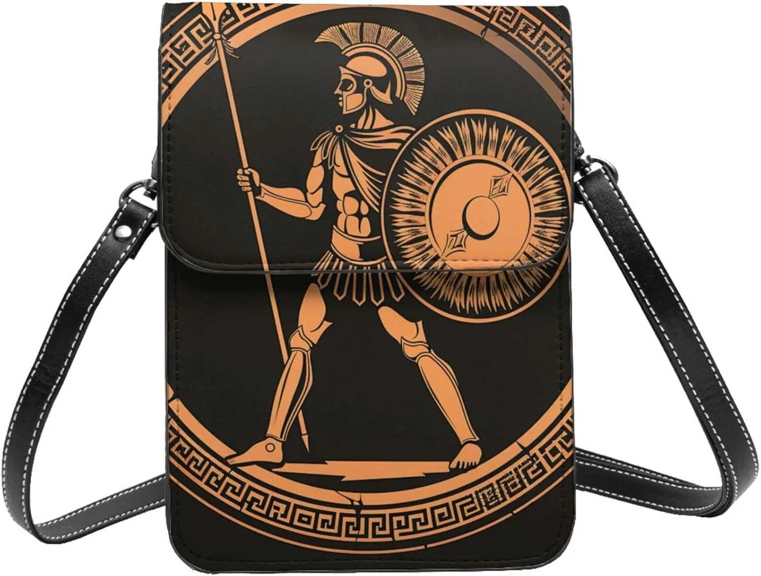 vintage ancient Greek soldier circular orange black Leather Small Crossbody Bags for Women Cell Phone Bag Wallet Purses with Adjustable Strap
