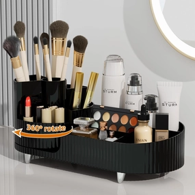 VITVITI Makeup Organizer Countertop for Vanity, 360 Rotating Cosmetic Makeup Brush Holder Storage, Plastic Large Skincare Display Case Organizer for Lotion, Lipsticks, Perfume (black)