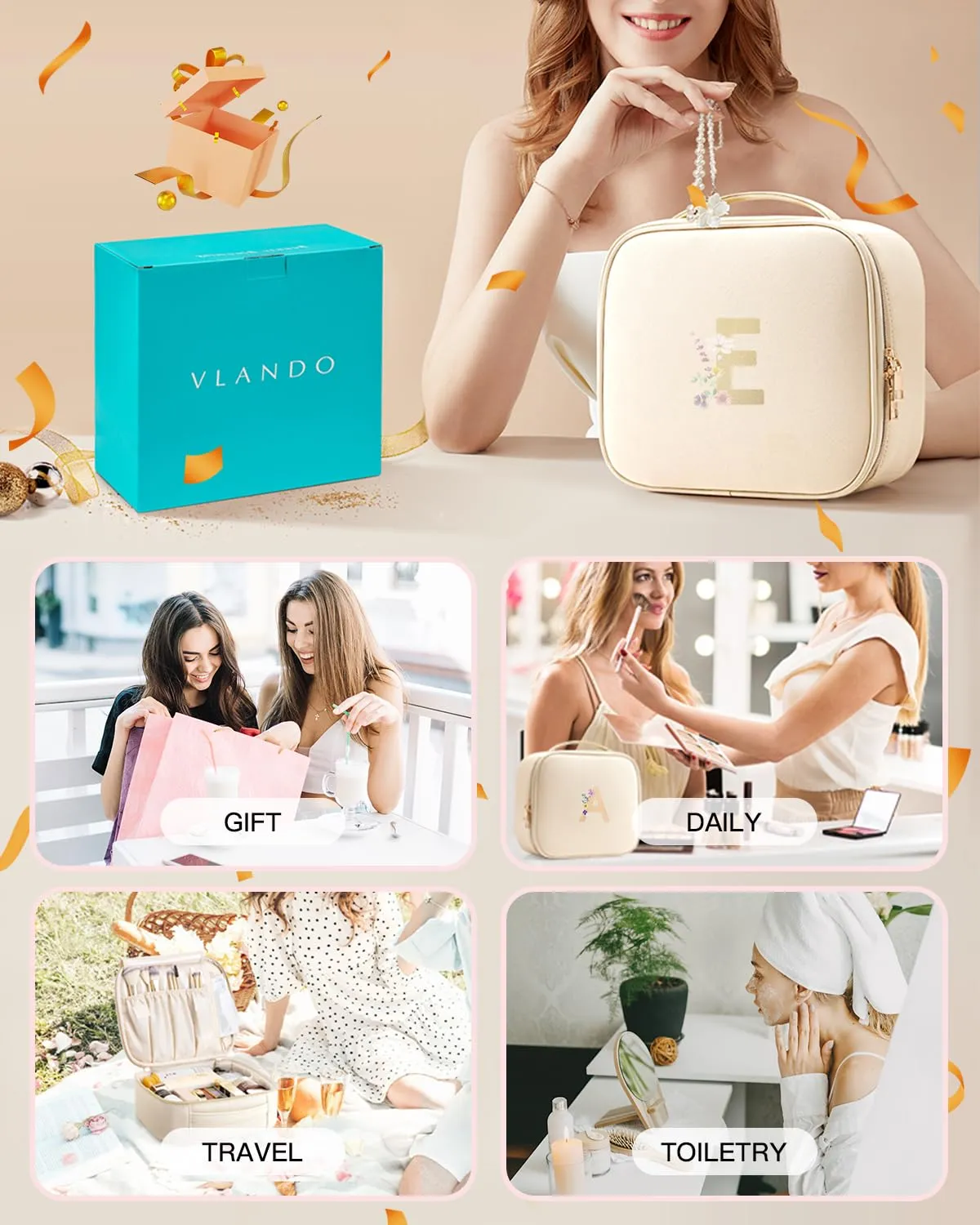 Vlando Makeup Bag for Travel,Surname Initials Custom Makeup Bag,PU Leather Cosmetics Bag for Girl Women Friend Gift, E, E, f/ddd